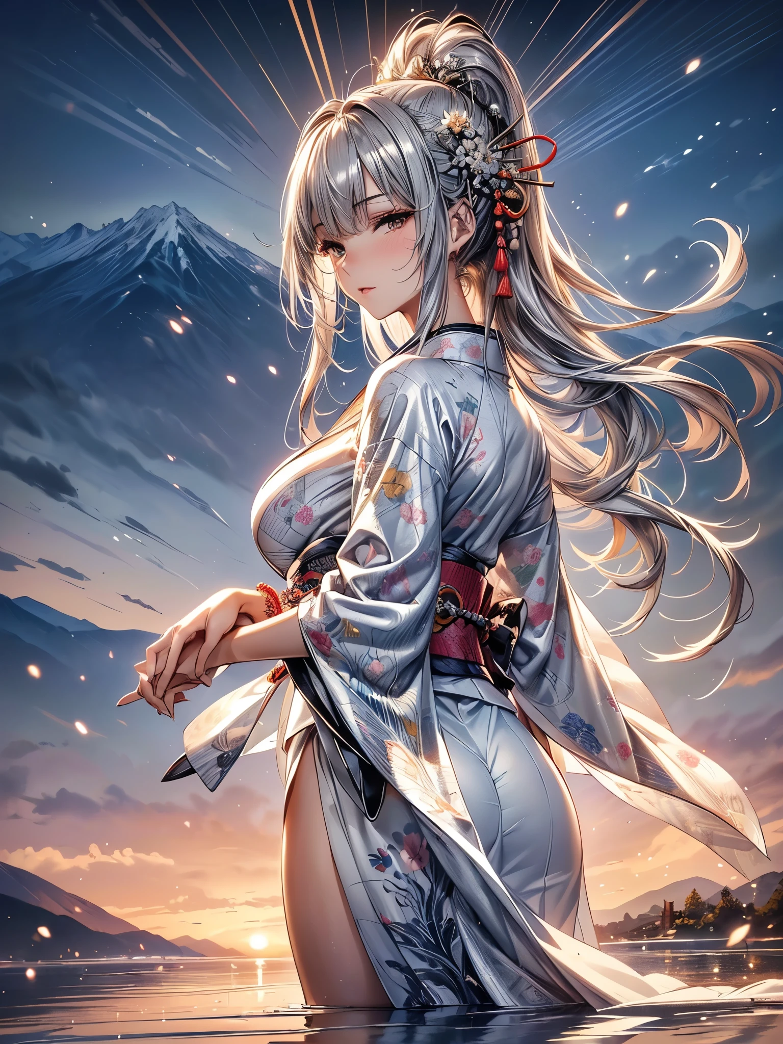 (Beautiful models in Japanese kimono ads), (Solitary), ((The face is 80% Beauty and elegance, 20% Playful:1.5)), (Her), Clear eyes, (Delicate eyes, Light brown eyes, Smart pupils), Double eyelids, (Sexy and slightly thick lips:1.2), Ultra Detailed and incredibly high resolution Kimono, Highly detailed facial texture, Attractive body shape, Full figure、very attractive woman, High-resolution RAW color photos Professional photos, rest ultra high-resolution textures, High resolution body rendering, big eyes, An unrivalled masterpiece, Incredibly high resolution, Ultra Detailed, Amazing ceramic skin, rest (Wearing a sparkling limpa flow silver kimono,There are many colors of Limpa Silver), (The main color is Rinpa shiny silver, Black to silver gradient from hem to collar), (Meticulously crafted classic Japanese shiny silver kimono), ((The embroidery pattern is a Japanese dragon, cloud, Mountains, and rivers)), (A belt that matches this kimono), ((shiny silver kimono,With delicate and elegant embroidery)), (The background is a night view,Light snow falling) rest ((best quality, 8k)), Clear focus:1.2, (Layer cutting, Large target:1.2), (Beautiful Women in Perfect Shape:1.4), (Beautiful figure,Full breasts:1.3), Slim waist, (The right hand shape:1.5), (full-body shot | Cowboy shooting | Rear view)