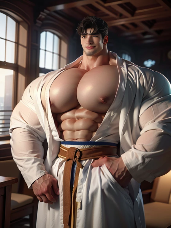 (best quality:1.5, hyperrealistic:1.5, photorealistic:1.4, madly detailed CG unity 8k wallpaper:1.5, masterpiece:1.3, enthusiastically detailed photo:1.2), (hyper-realistic lifelike texture:1.4), highly detailed, ((masterpiece, best quality)) ,extremely detailed 8K wallpaper, 1 korean male, (korean man with k-pop idol look), 20yo, handsome, detailed face, hyper muscle, stubble, wear religious robe, prominent bulge, photo real, illuminating light, big, brutalmass, giant muscular bodybuilder, bulk, massive body, large size, smile, religion dome indoor