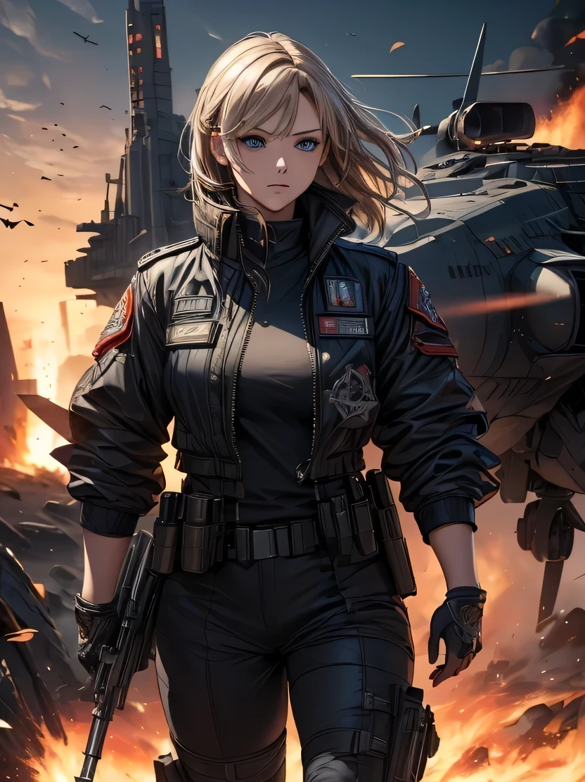 ((masterpiece、highest quality、Genuine、Very detailed、High resolution、Sharp focus、Photorealistic、Movie-like lighting))、Natural and realistic colors、((1 girl、Bust Shot))、Official Art、ＳＦmovie、Adult female, Age 25、blue eyes、Black bob short hair、Air Force uniform、Non-commissioned officer uniform、Combat air force jacket、Serious face、Sharp eyes、Realistic Face、The background is a battlefield、Burning Future Air Base、Spaceship in the sky、Dynamic Action、View your viewers、Detailed hand drawing