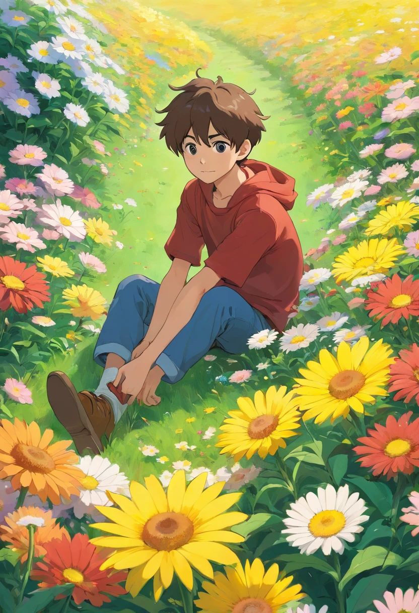 Realistic Anime. A top angle view of a boy sitting on a field of flowers.. Highly detailed digital painting..jpeg
