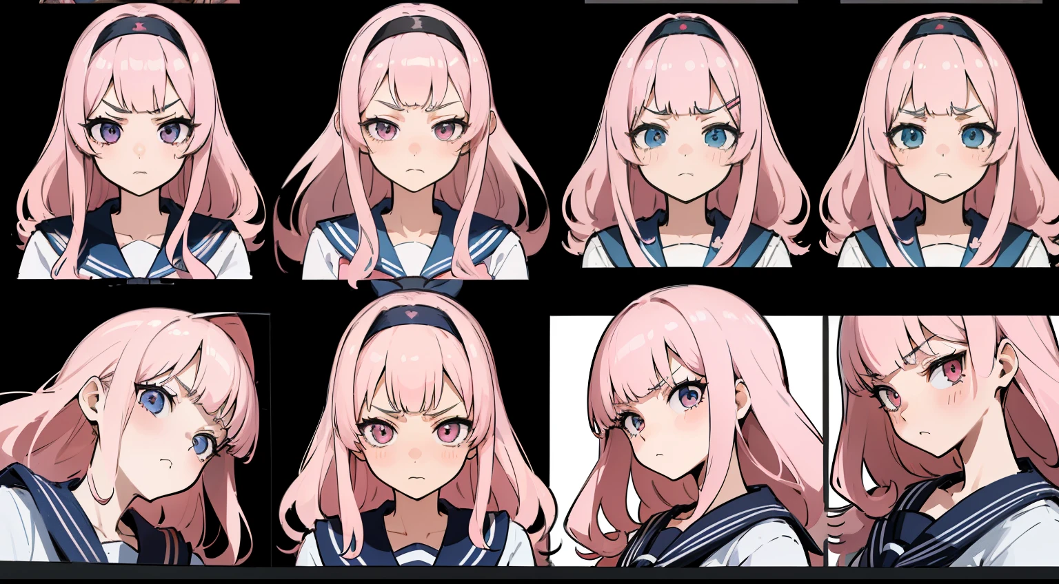 ((masterpiece, highest quality)), Detailed face, Character Sheet, whole body, Full of details, Various poses and expressions, Very detailed, depth, Many parts, One girl, , seifuku, Sailor suit, Long sleeve, Pink Hair, Wavy Hair, Long Hair, Blunt bangs, Tsundere, Flat Chest, Angry expression