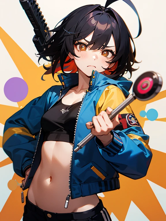 Masterpiece, best quality, expressive eyes, perfect face, 1girl, breasts, black hair, ahoge, streaked hair, brown eyes, x-shaped pupils, frown, lollipop at mouth, blue jacket, midriff, shorts, gun
