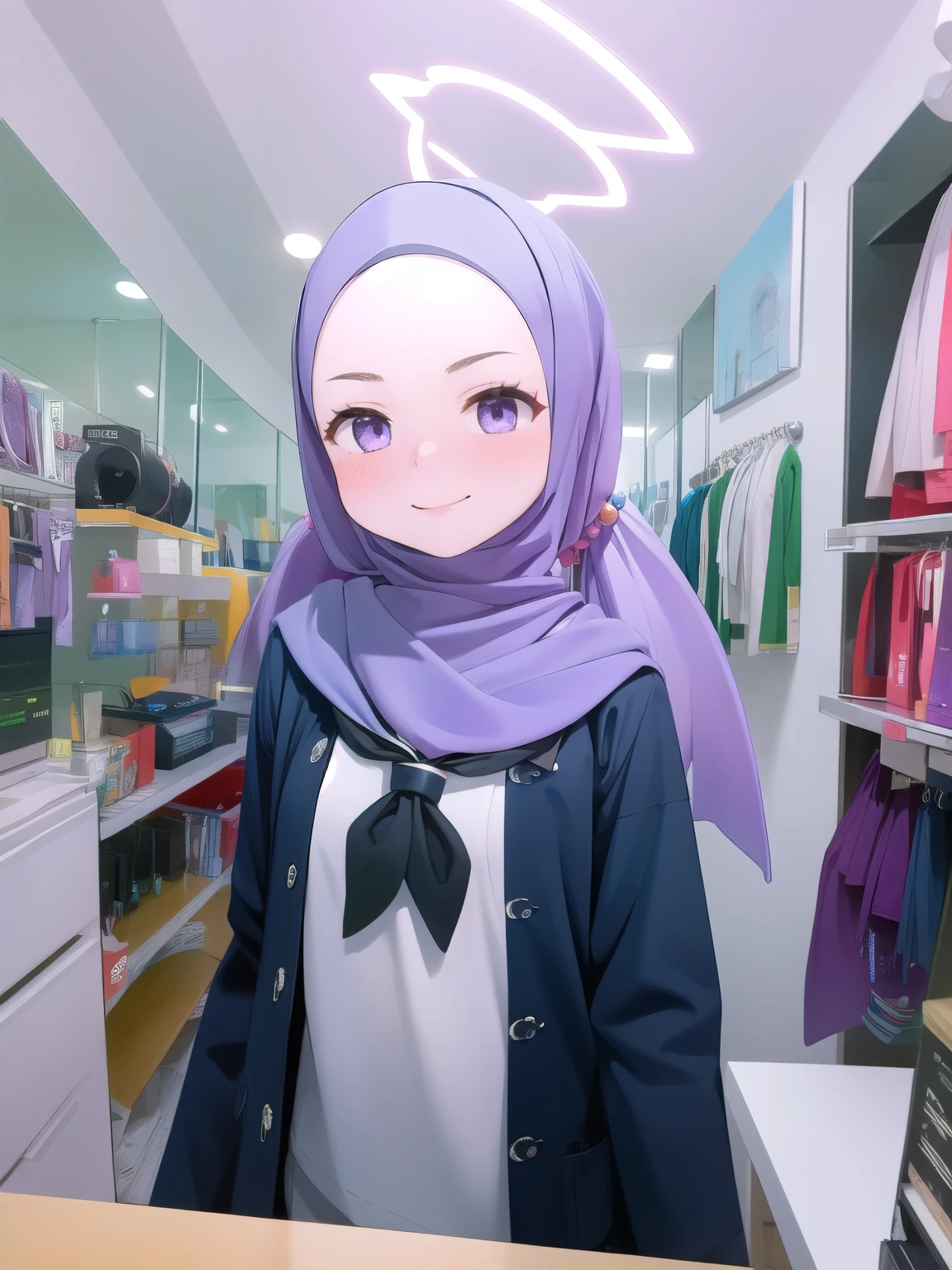 Masterpiece,hd, 2d best quality, 1girl, indoor, standing, looking at viewer, upper body, smile, reisaid, twintails, purple eyes, hair ornament, halo, neckerchief, open jacket, gray sailor collar, a malay girl wearing hijab, purple hijab, (hijab:1.2)