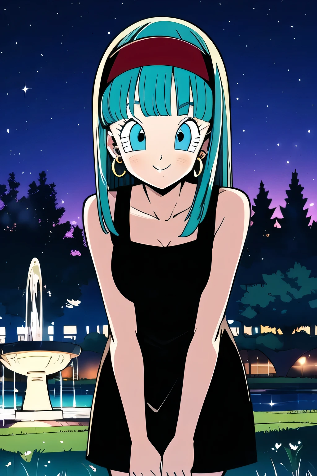 (masterpiece:1.2),( high quality:1.1), bulla, smile, long hair, straight hair,bangs, aqua hair, beautiful detail eyes, blue eyes, red hairband, hoop earrings, strip black bodycon dress, collarbone, sleeveless, city park, water fountain, trees, grass, night time. (looking at viewer, Bend forward:1.1),, medium breast, (beautifully lit:1.1),