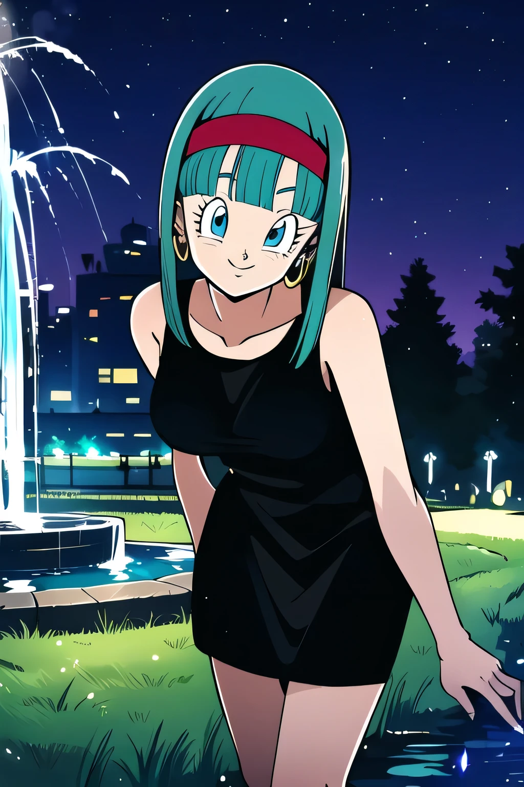(masterpiece:1.2),( high quality:1.1), bulla, smile, long hair, straight hair,bangs, aqua hair, beautiful detail eyes, blue eyes, red hairband, hoop earrings, strip black bodycon dress, collarbone, sleeveless, city park, water fountain, trees, grass, night time. (looking at viewer, Bend forward:1.1),, medium breast, (beautifully lit:1.1),