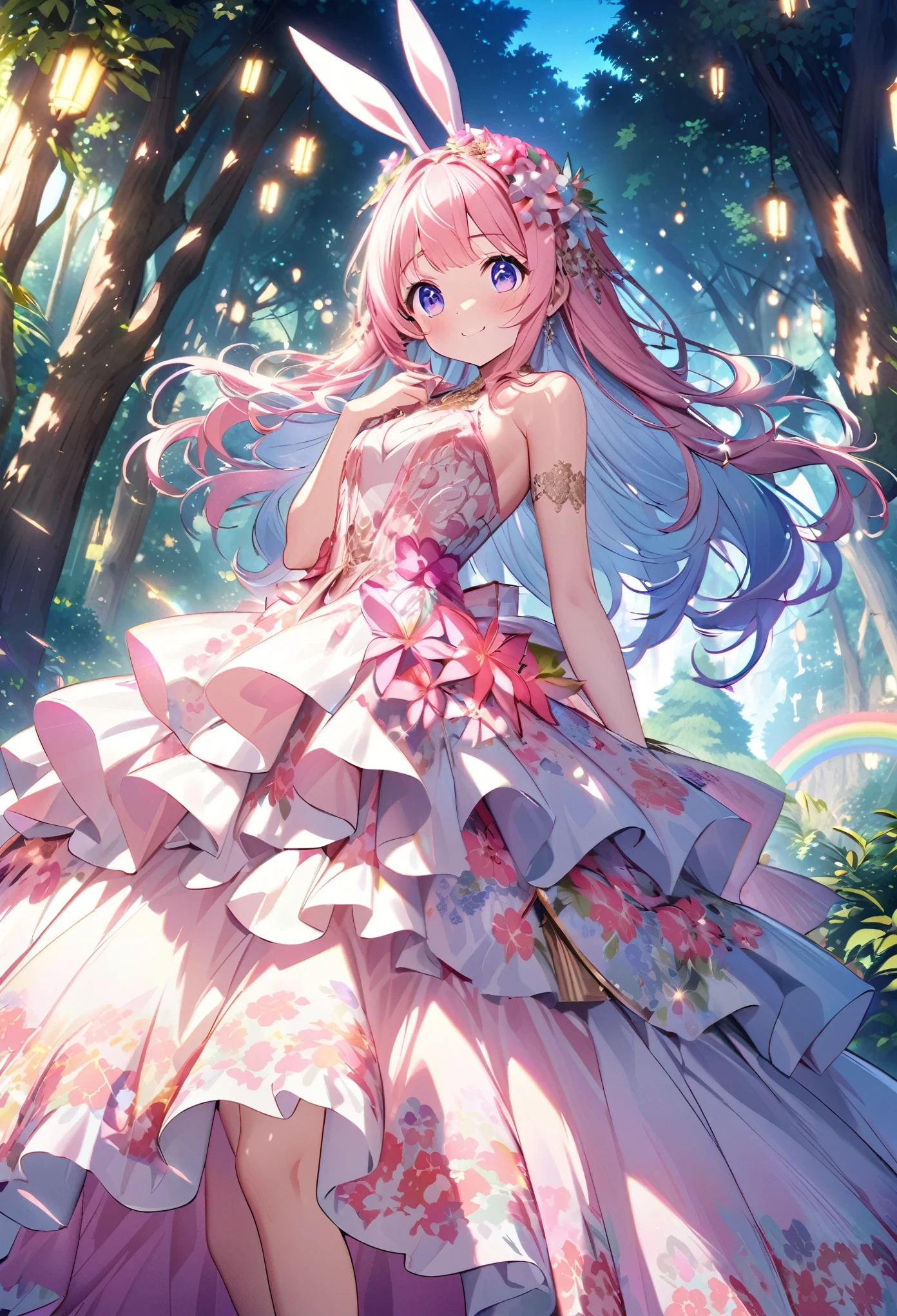 ``Japanese anime character, cute rabbit in pink color, beautiful adorable rabbit wearing an elegant and elaborate Hawaiian dress, the dress must have intricate designs and patterns to give it a luxurious and exclusive look. In the background, the image should depict the richness of the forest, with sunlight reflecting off the trees and illuminated mountains beyond. , emphasize the shimmering effect and rainbow throughout the image. Enhance your look and add special ruffles to your dress to stand out.”