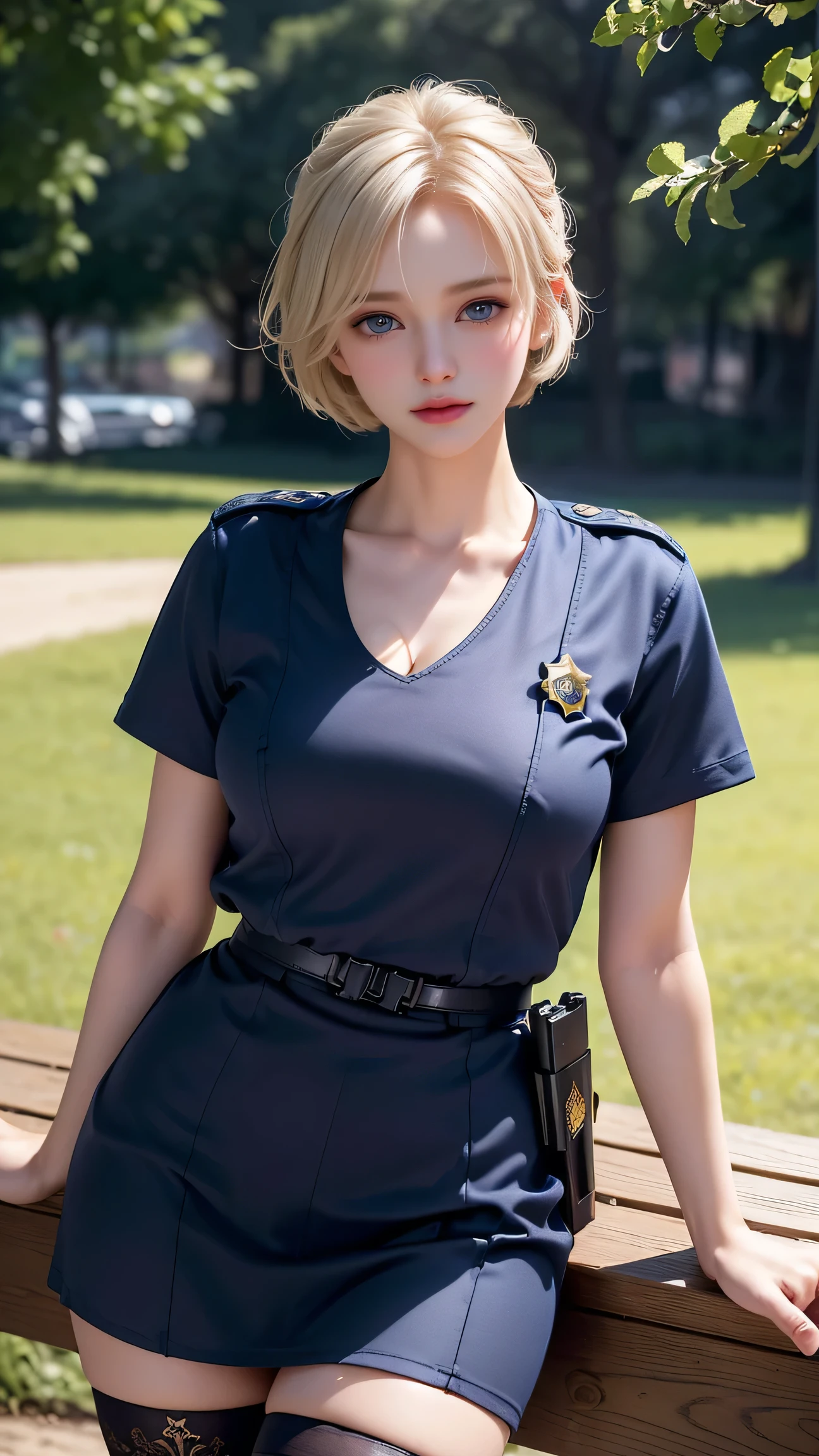 ((Girl standing in front of a park bench))、Best quality work，Actual work,Ultra Premium Graphics，8K HD CG Works，High quality graphics，High-definition CG works，10x pixels，Extremely fine detail：1.1，Advanced Technical Details：1.1 Photorealistic，Natural light：1.5. Light effects（virtual Light effects：1.8）,((Golden white short hair)）、（Bob Hair）, Thin eyebrows，High nose, Nice red lips, Rose Cheeks, A face with subtle makeup , Cute face, perfectly balanced face，A light-toned foundation enhances the clarity of your skin.,((female police officer:1.5)),((Light blue short sleeve dress shirt)),((Navy blue tight skirt)). 40k, photograph, Tabletop, highest quality, Rainy background, ((1 Beautiful eyes light haired girl,  White skin, Various poses.((Medium sized breasts,:1.1)), highest quality, Tabletop, Ultra-high resolution, (Realistic:1.4), RAWphotograph, (Perfect figure), (slim:1.3), Slim abdomen, Perfect slim figure, Dynamic Pose, alone, Cold light 12000K, Very detailed facial and skin texture, Fine grain, Realistic eyes, Beautiful fine grain, (Realistic Skin), Charm, 超A high resolution, Surreal, Very detailed、(Black Stockings),