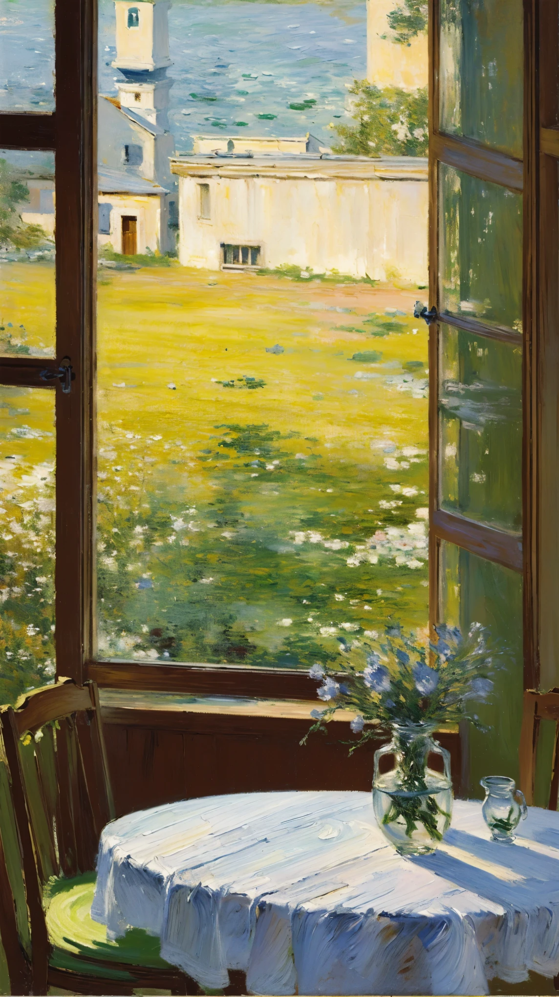 (masterpiece:1.2), (highest quality:1.2), (Ultra-high resolution:1.2),
Girl in white clothes/yellow dress is sitting by the window, Hold your chin with one hand, looking out the window, Wooden table, Wooden chair, table cloth, window, Fluttering curtains, outside the window is a golden rice field, Swallows are flying, There are some books on the table, pen holder, vase, Cozy atmosphere, Impressionist painting, (style of Claude Monet:1.2)，hatred