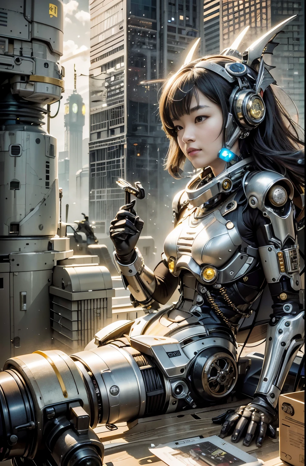 Masterpiece, (ultimate quality:1.2), 8k, Japanese woman in turtle-type powered suit, silver base with yellow and black accents, very beautiful face, mechanical, (mechanical bat wings), jet pack, hydraulic cylinder, power pipe, ultimately intricate details, full body shot, (ultimate photo Realistic:1.37), future metropolis at night, (Steampunk: 1.2), (Cyberpunk), Full body photo, Wide-angle shot