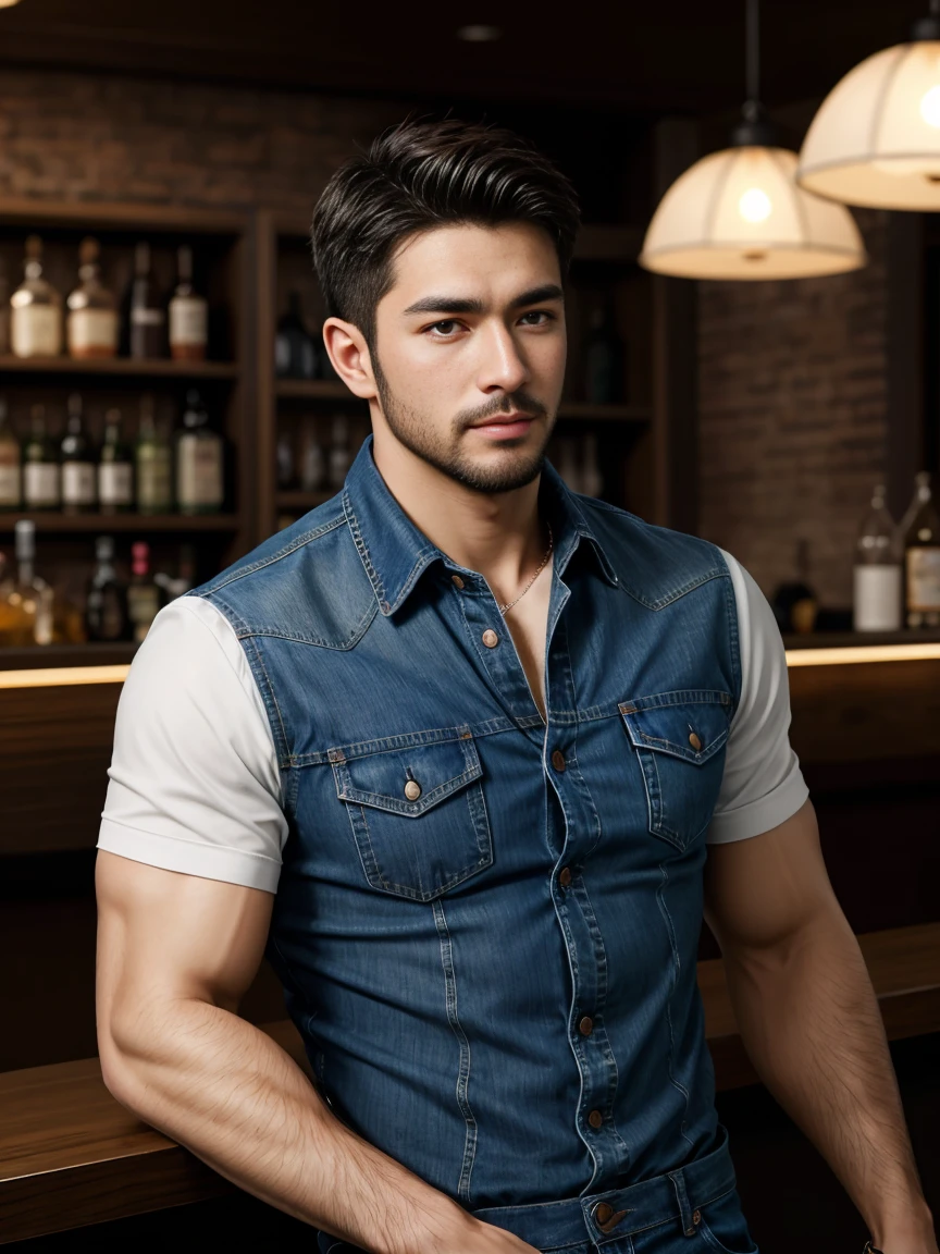 masterpiece, best quality, high resolution, Close-up portrait, male focus, Focus only, muscular, Burly, hairy, male, A handsome man, Perfect face, Blushing, scruffy beard, short hair, Exposed chest, jeans, at the bar, Neon, Front view, whole body, amazing composition, Front view, HDR, Volumetric Lighting, Ultra-high quality, elegant, Very detailed