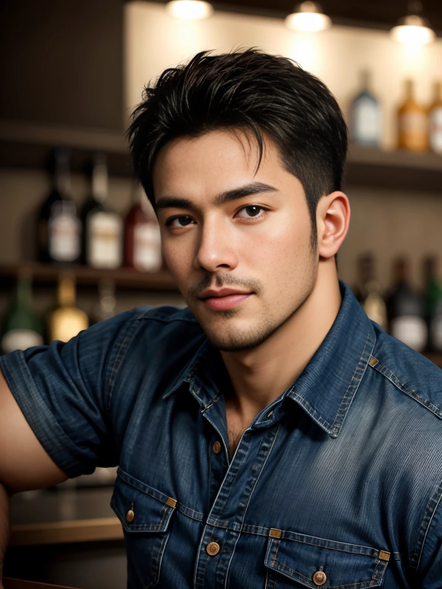 masterpiece, best quality, high resolution, Close-up portrait, male focus, Focus only, muscular, Burly, hairy, male, A handsome man, Perfect face, Blushing, scruffy beard, short hair, Exposed chest, jeans, at the bar, Neon, Front view, whole body, amazing composition, Front view, HDR, Volumetric Lighting, Ultra-high quality, elegant, Very detailed