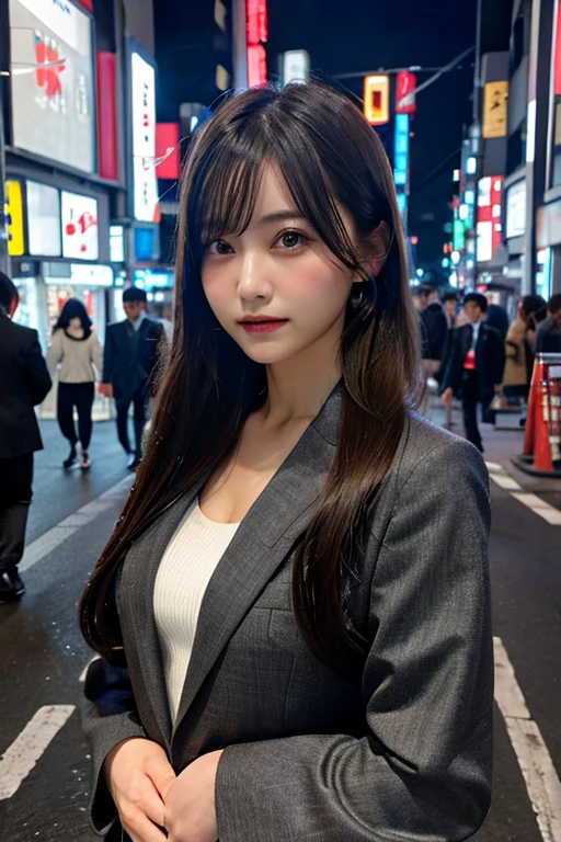 1 Girl, Tokyo Street,night, Streetscape,City lights, Upper Body,close, 8K, Raw photo, highest quality, masterpiece,Realistic, photo-Realistic,Gray business suit, Long sleeve, Double, Black Eyes
