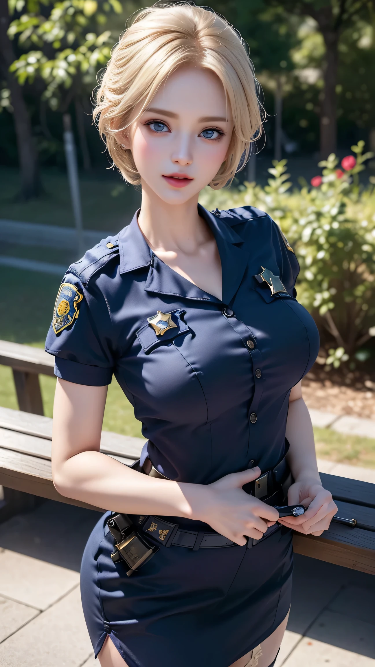 ((Girl standing in front of a park bench))、Best quality work,Actual work,Ultra Premium Graphics,8K HD CG Works,High quality graphics,High-definition CG works,10x pixels,Extremely fine detail:1.1,Advanced Technical Details:1.1 Photorealistic,Natural light:1.5. Light effects(virtual Light effects:1.8),((Golden white short hair))、(Bob Hair), Thin eyebrows,High nose, Nice red lips, Rose Cheeks, A face with subtle makeup , Cute face, perfectly balanced face,A light-toned foundation enhances the clarity of your skin.,((female police officer:1.5)),((Light blue short sleeve dress shirt)),((Navy blue tight skirt)). 40k, photograph, Tabletop, highest quality, Rainy background, ((1 Beautiful eyes light haired girl, White skin, Various poses.((Medium sized breasts,:1.1)), highest quality, Tabletop, Ultra-high resolution, (Realistic:1.4), RAWphotograph, (Perfect figure), (slim:1.3), Slim abdomen, Perfect slim figure, Dynamic Pose, alone, Cold light 12000K, Very detailed facial and skin texture, Fine grain, Realistic eyes, Beautiful fine grain, (Realistic Skin), Charm, 超A high resolution, Surreal, Very detailed、(Black Stockings),