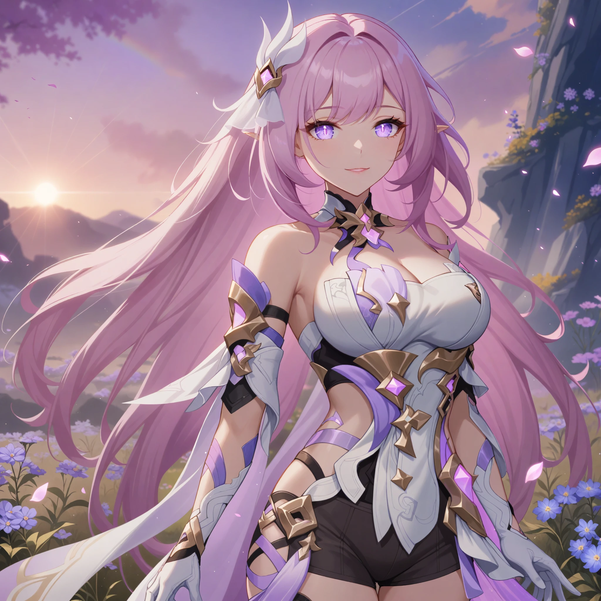 Masterpiece,very aesthetic,1girl,elysia \(herrscher of human:ego\) \(honkai impact\),pink hair,purple eyes,pointed ears,white clothes,highly detailed,digital painting,elysian realm,illustrated by Ayami Kojima and Karol Bak and criin,glowing pink petals,anime fantasy background,intricate,white top,white gloves,narrow_waist,iridescent light, large breasts, black short shorts,official honkai imapct 3 cg,pink sky,field of wildflowers,pink slit pupils,gentle smile,god rays,glossy lips