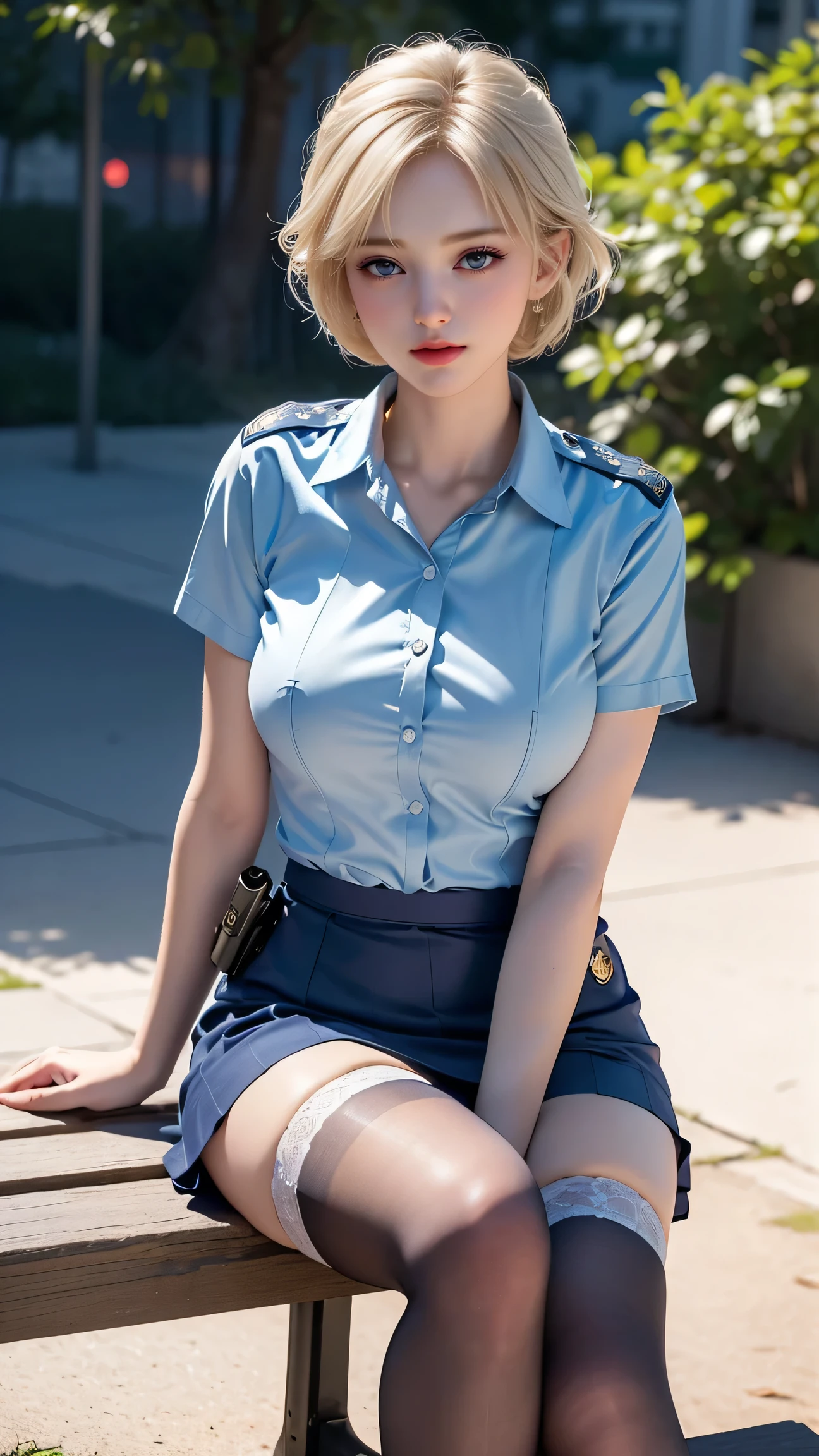 ((Girl sitting on a park bench))、Best quality work,Actual work,Ultra Premium Graphics,8K HD CG Works,High quality graphics,High-definition CG works,10x pixels,Extremely fine detail:1.1,Advanced Technical Details:1.1 Photorealistic,Natural light:1.5. Light effects(virtual Light effects:1.8),((Golden white short hair))、(Bob Hair), Thin eyebrows,High nose, Nice red lips, Rose Cheeks, A face with subtle makeup , Cute face, perfectly balanced face,A light-toned foundation enhances the clarity of your skin.,((female police officer:1.5)),((Light blue short sleeve dress shirt)),((Navy blue tight skirt)). 40k, photograph, Tabletop, highest quality, Rainy background, ((1 Beautiful eyes light haired girl, White skin, Various poses.((Medium sized breasts,:1.1)), highest quality, Tabletop, Ultra-high resolution, (Realistic:1.4), RAWphotograph, (Perfect figure), (slim:1.3), Slim abdomen, Perfect slim figure, Dynamic Pose, alone, Cold light 12000K, Very detailed facial and skin texture, Fine grain, Realistic eyes, Beautiful fine grain, (Realistic Skin), Charm, 超A high resolution, Surreal, Very detailed、(Black Stockings),