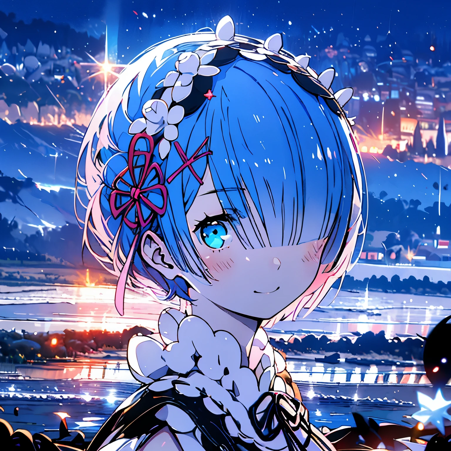 Masterpiece、Re:Zero、Rem、smile、Ocean、night、full moon、Upper Body