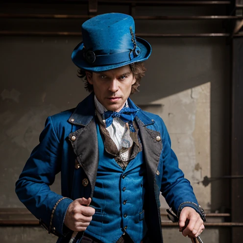 "Hatter Madigan", Hatter H, a steampunk Mad Matter wearing a blue jacket and tall blue hat; holding a whip and several blades popping out of his back.