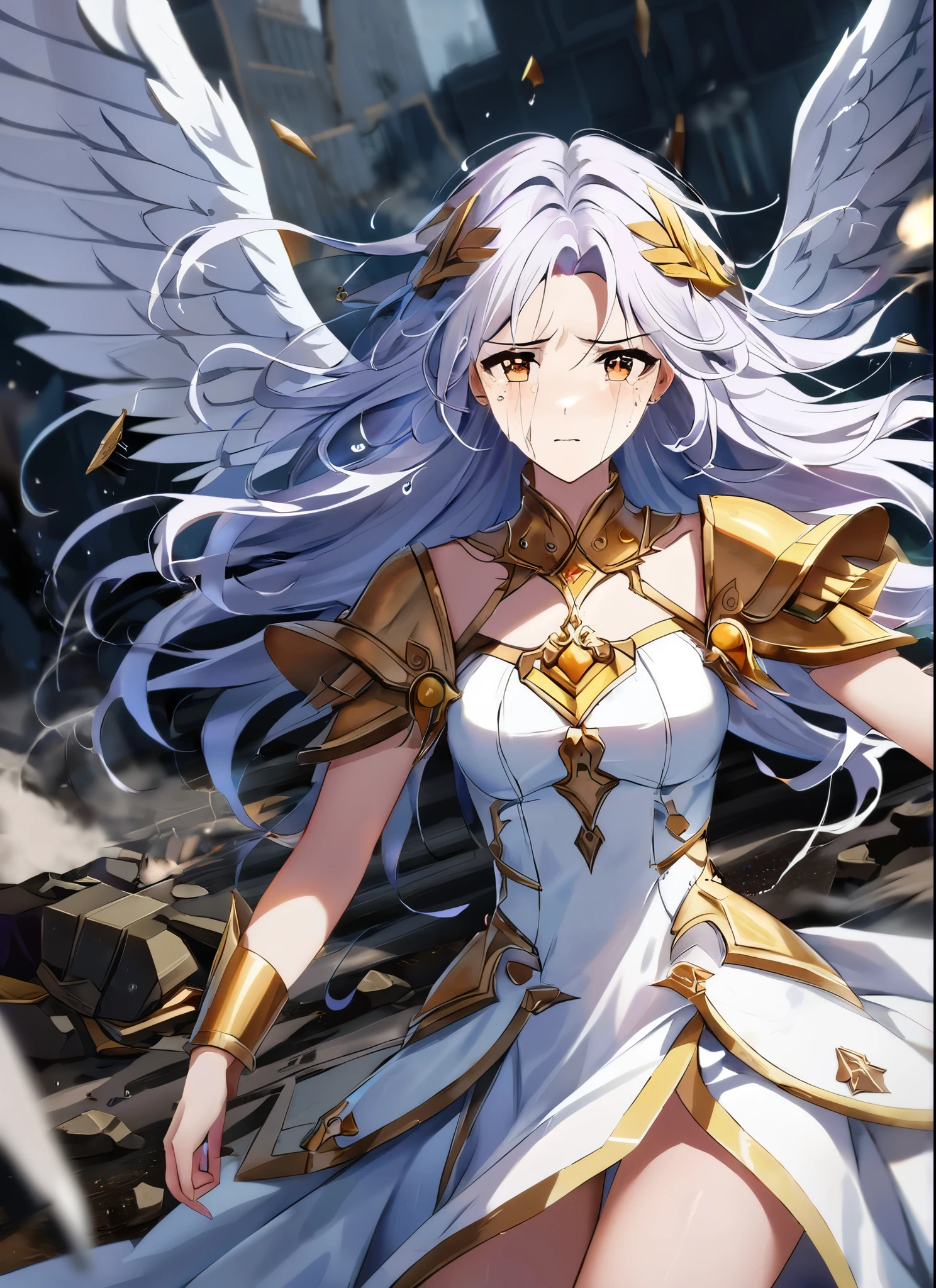 A gorgeous monark girl in a goddess delicate cute white sexy dress, archangel, wide open archangel detailed wings with golden fornitures detailed fornitures, in the middle of battlefield, emotions, flowing hair, intense eyes, smoke and debris, defeated army, fallen soldiers, chaos, sadness, sorrow, tears flowing in the face