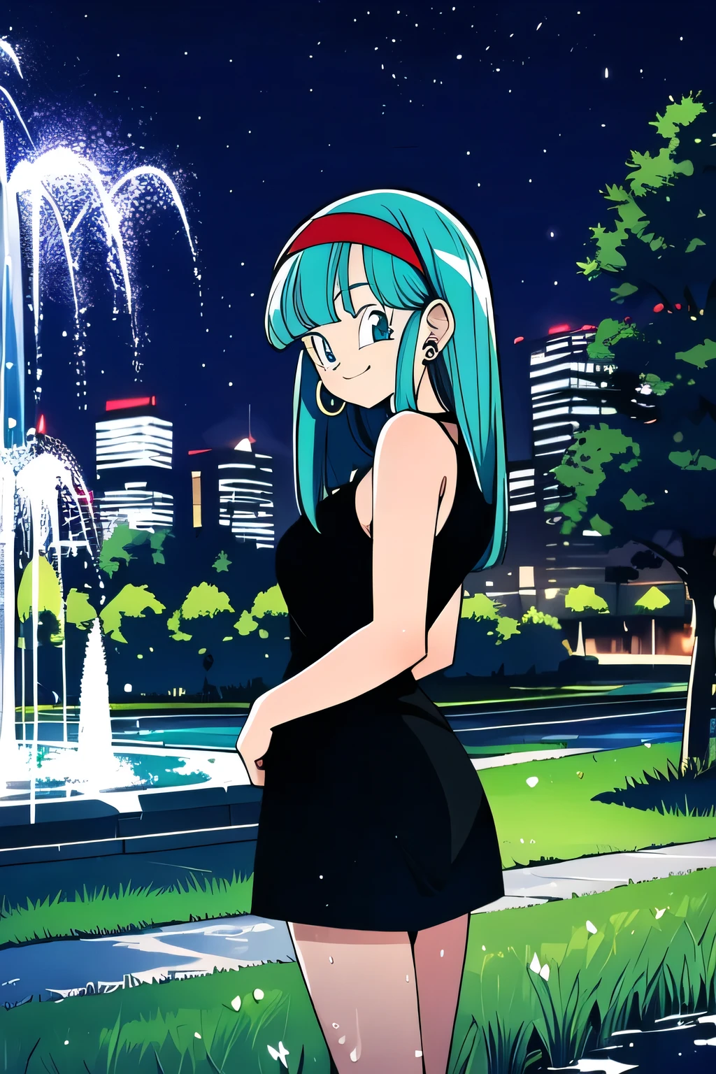 (masterpiece:1.2),( high quality:1.1), bulla, smile, long hair, straight hair,bangs, aqua hair, beautiful detail eyes, blue eyes, red hairband, hoop earrings, strip black bodycon dress, collarbone, sleeveless, city park, water fountain, trees, grass, night time. (looking at viewer, Bend forward:1.1),, medium breast, (beautifully lit:1.1),