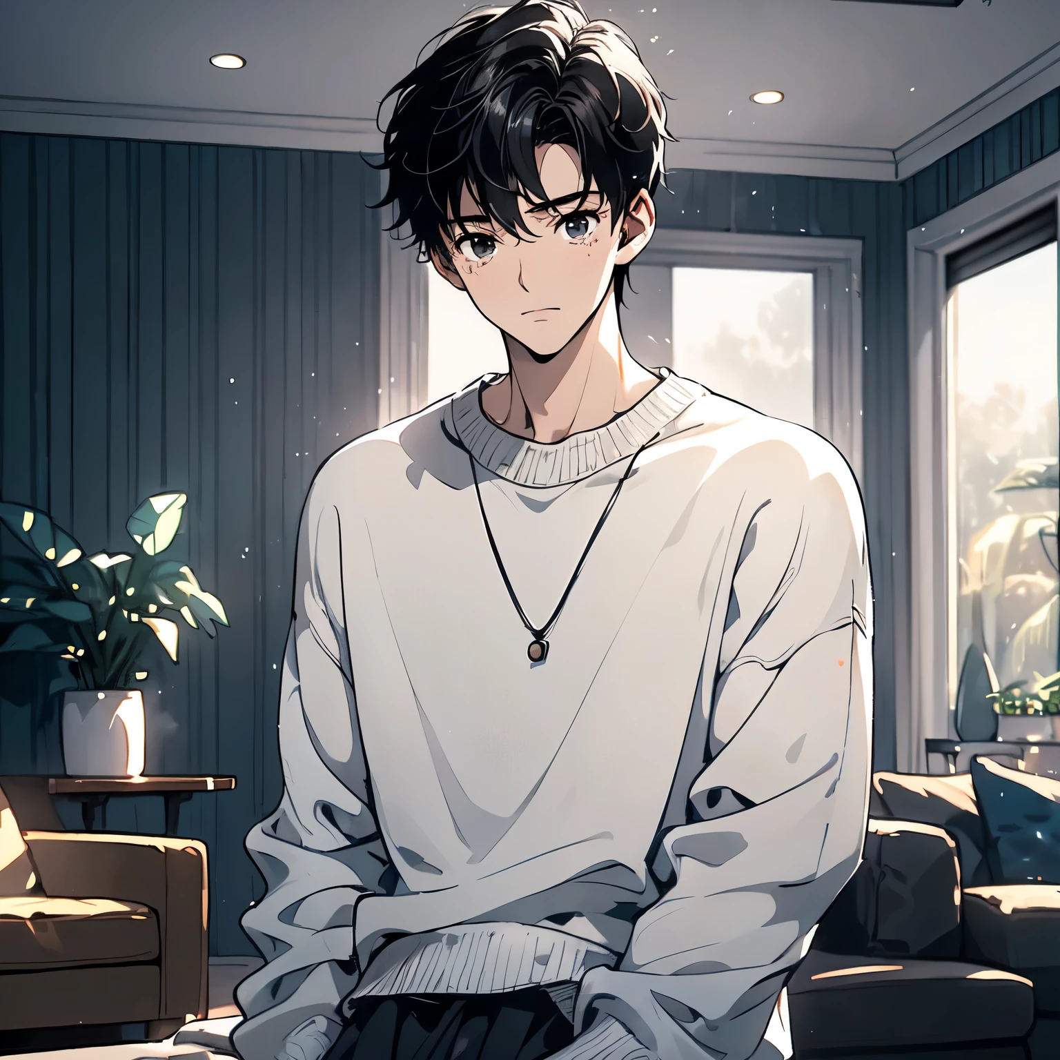 A black hair，18-year-old man in white sweater，Standing in the living room of the house，Extend a hand forward，Sad expression，Laugh and cry，Tears（Upper body display：1.5）（cinematic lighting：1.5）)(ultra-high detail:1.5)(best quality:1.5)