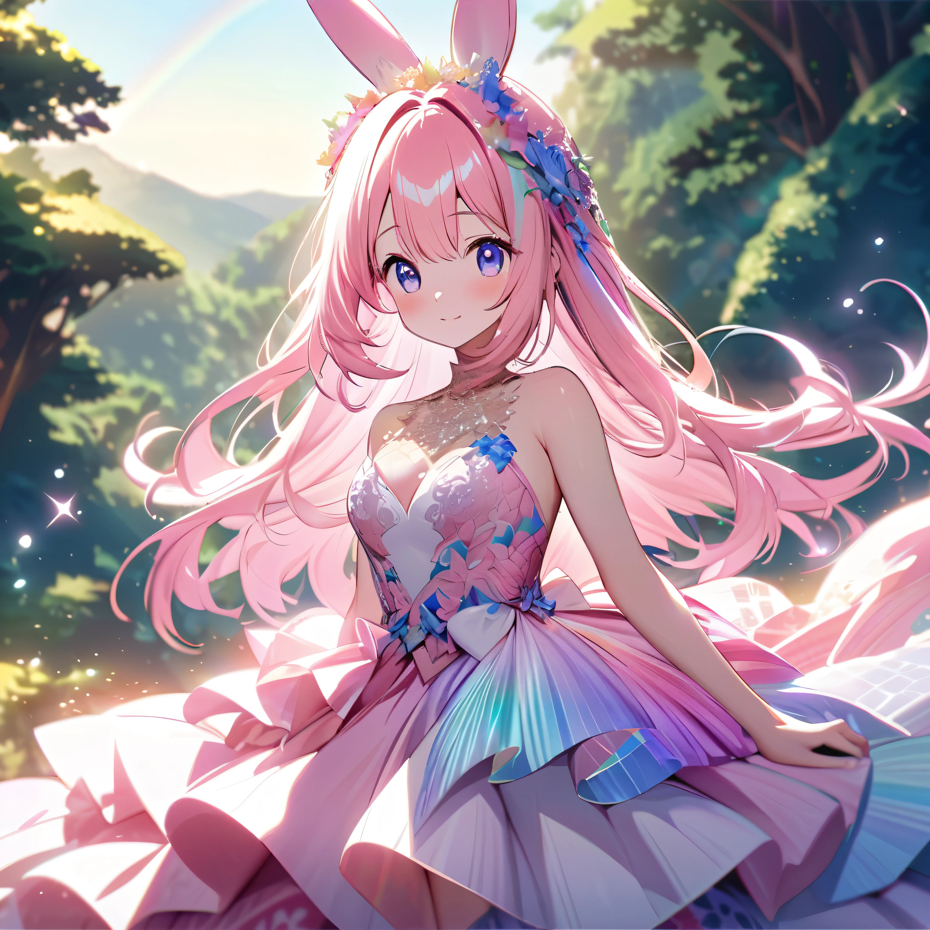 ``Japanese anime character, cute rabbit in pink color, beautiful adorable rabbit wearing an elegant and elaborate Hawaiian dress, the dress must have intricate designs and patterns to give it a luxurious and exclusive look. In the background, the image should depict the richness of the forest, with sunlight reflecting off the trees and illuminated mountains beyond. , emphasize the shimmering effect and rainbow throughout the image. Enhance your look and add special ruffles to your dress to stand out.”