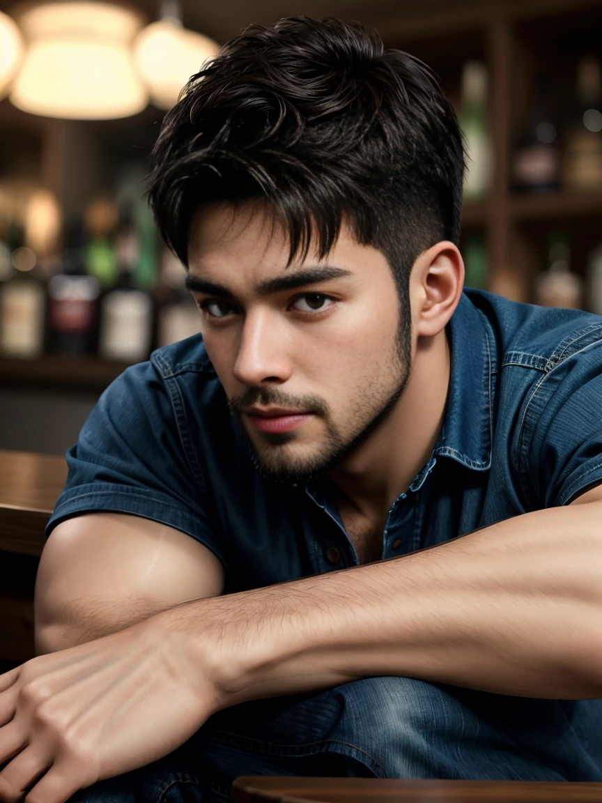 Ultra wide angle，masterpiece, best quality, high resolution, Close-up portrait, male focus, Focus only, muscular, Burly, hairy, male, A handsome man, Perfect face, Blushing, scruffy beard, short hair, Exposed chest, jeans, at the bar, Neon, Front view, whole body, amazing composition, Front view, HDR, Volumetric Lighting, Ultra-high quality, elegant, Very detailed