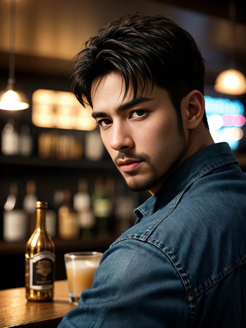 Ultra wide angle,masterpiece, best quality, high resolution, Close-up portrait, male focus, Focus only, muscular, Burly, hairy, male, A handsome man, Perfect face, Blushing, scruffy beard, short hair, Exposed chest, jeans, at the bar, Neon, Front view, whole body, amazing composition, Front view, HDR, Volumetric Lighting, Ultra-high quality, elegant, Very detailed
