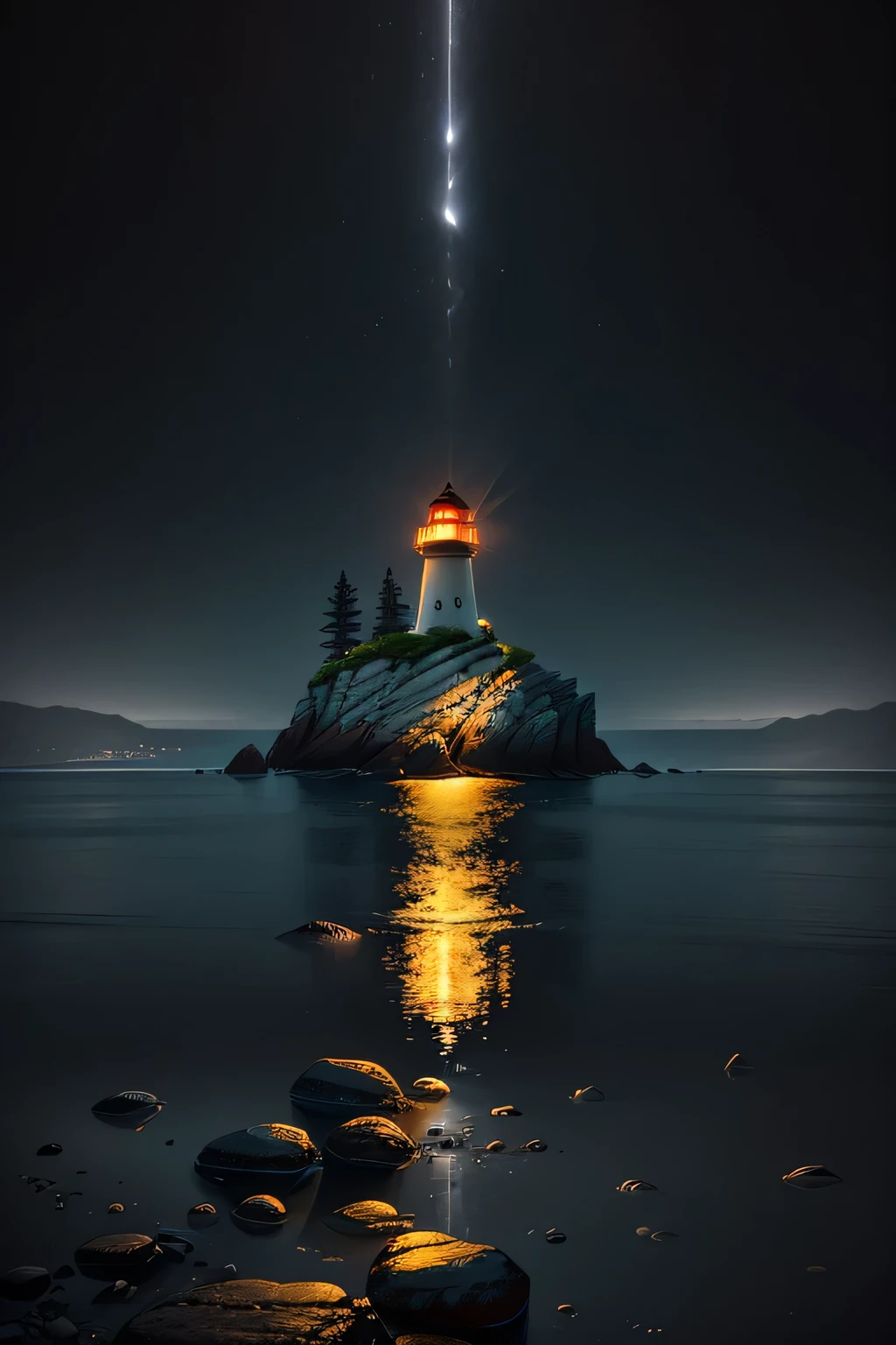 Picture a serene yet dynamic scene of a lighthouse standing proudly in the midst of the tranquil sea at midnight. The moon casts an ethereal glow over the shimmering water, reflected in the glass windows of the lighthouse. The intricate structure of the lighthouse is elegantly lit up, every crevice and detail illuminated by the beacon of light emanating from its tower. The waves gently crash against the rocky shoreline, creating a soothing rhythm that echoes the calmness of the night.

Despite the peacefulness of the environment, there is an undeniable sense of energy and life, with the light from the lighthouse piercing