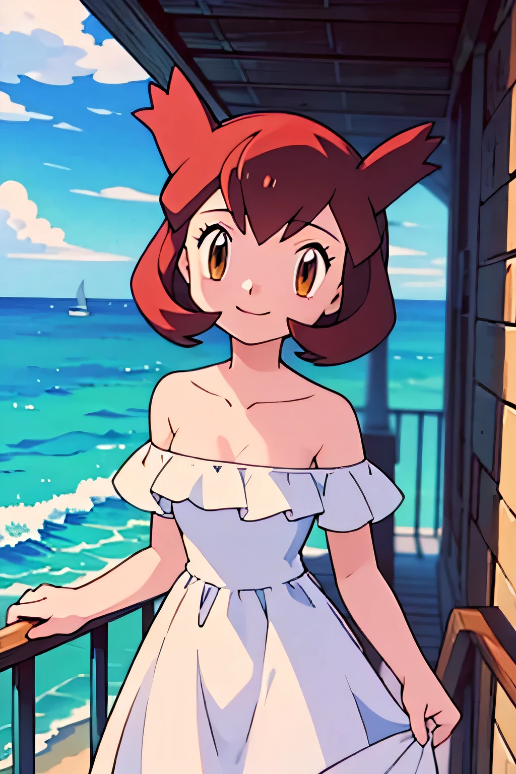 1 girl, solo, Pokemon Heroes (Bianca), Brown Hair, brown eyes, bare shoulders, strapless, off shoulders, white ruffle off the shoulder maxi dress, smile, ocean, balcony on the palace, cowboy shot, facing viewer,, absurdres, ultra detailed, masterpiece, best quality, Teenager, pokemovies,