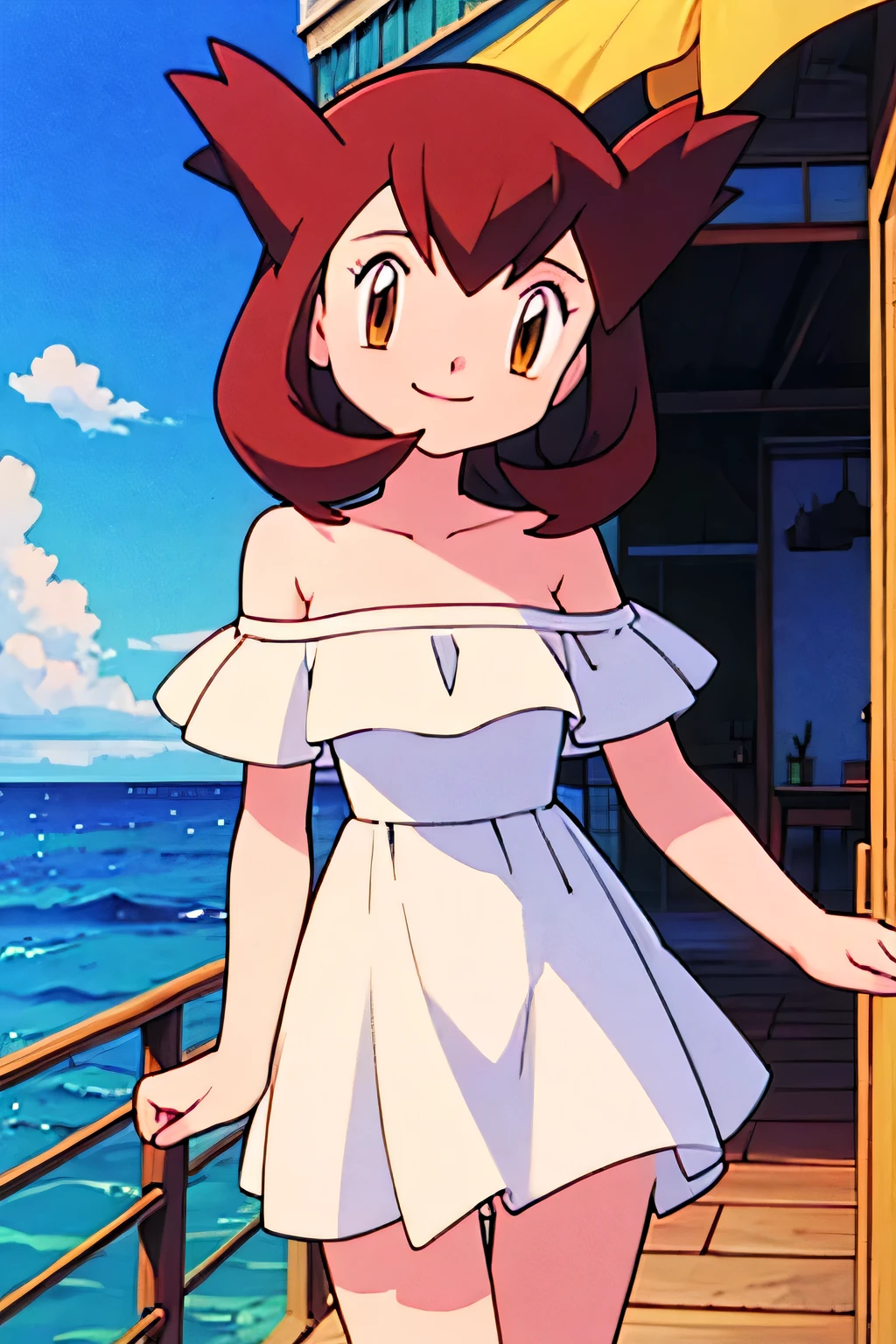 1 girl, solo, Pokemon Heroes (Bianca), Brown Hair, brown eyes, bare shoulders, strapless, off shoulders, white ruffle off the shoulder maxi dress, smile, ocean, balcony on the palace, cowboy shot, facing viewer,, absurdres, ultra detailed, masterpiece, best quality, ager, pokemovies,