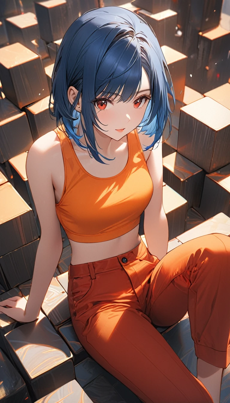 highly, high detailed, Masterpiece, beautiful, (long long shot), 1girl, (blue hair, red eyes, short hair, hair in motion, orange crop top, long red pants, background detailed, sitting in a square)