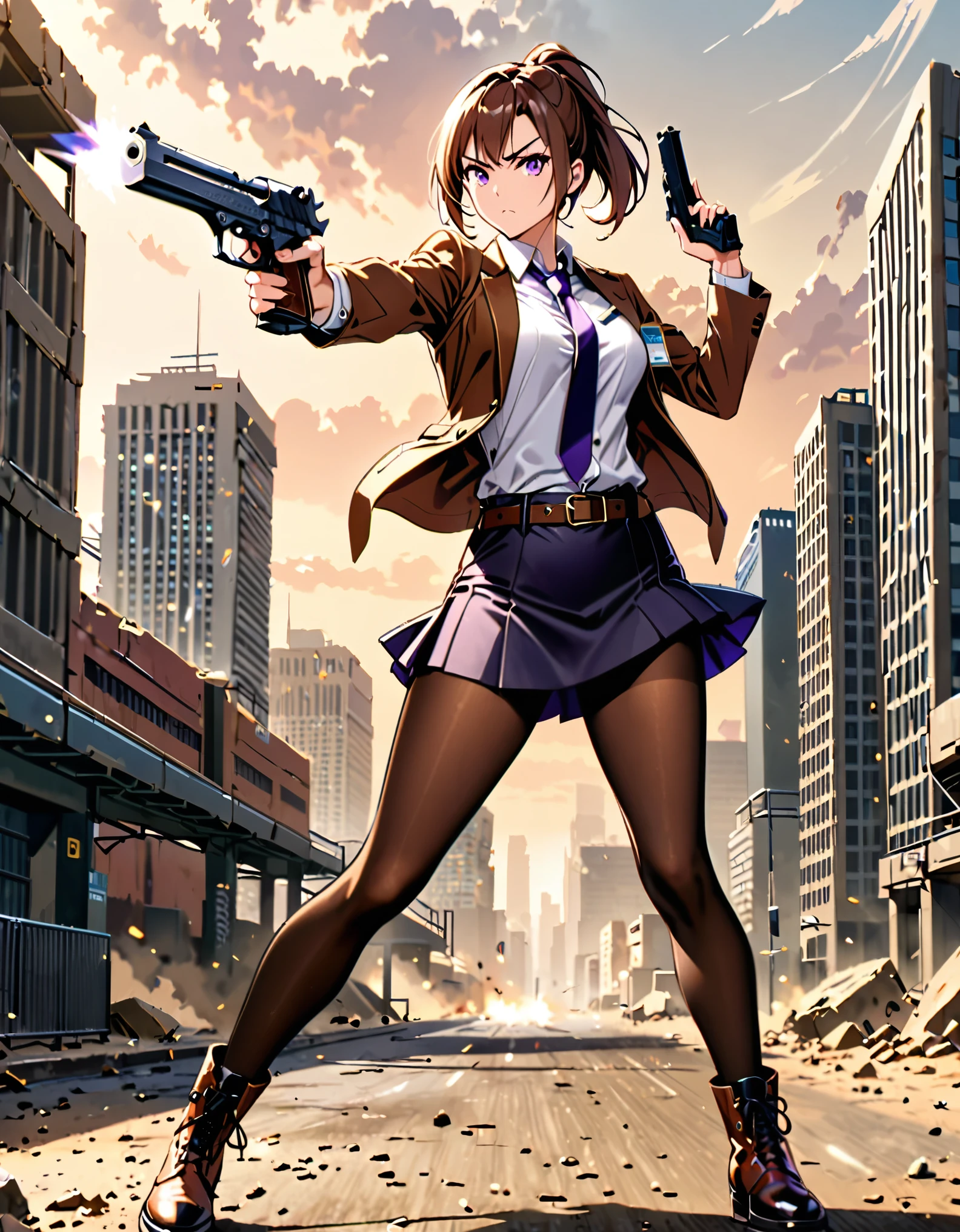 masterpiece, best quality, highres, 1girl, aiming and firing pistol, brown_hair, short hair, ponytail, finger_on_trigger, gun, large-caliber handgun, desert eagle, holding, holding_gun, holding_weapon, holster, open suit jacket, white shirt, miniskirt, (pantyhose), pencil_skirt, skirt, solo, trigger_discipline, weapon, purple eyes, dynamic action stance, grim expression, city backdrop, boots, full body character design, brown suit and tie, necktie, belt, cowboy shot