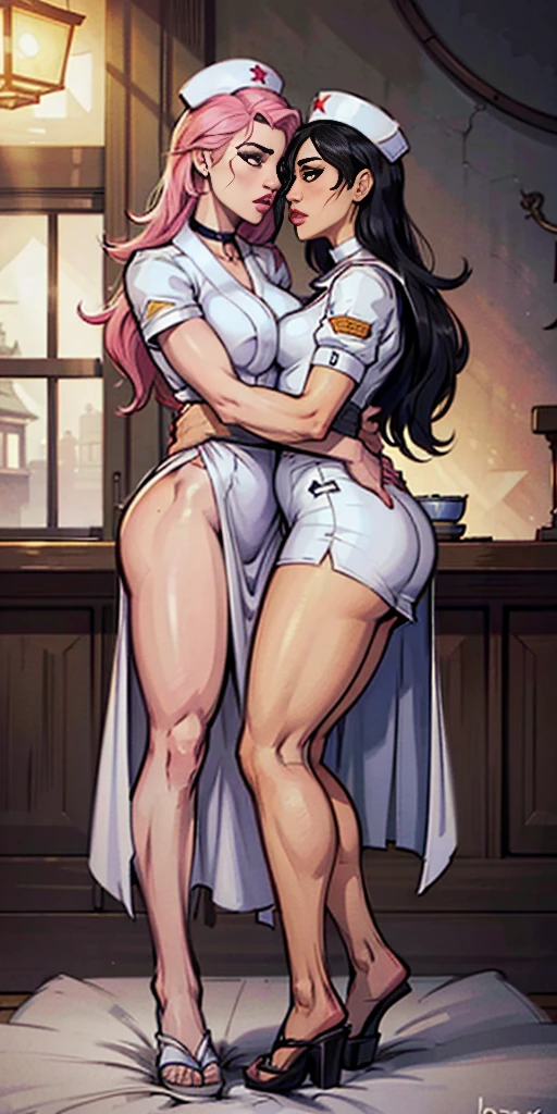 (yuri:1.2) (lesbian:1.2) (2girls:1.2) (imminent kiss:1.2) (hug:1.2) Japanimation, 35 mm, Incredibly hyper detailed and intricately realistic, full body character, Beautiful, Female, Perfect, Long Pink Hair, Black eyes, white Nurse's outfit , White nurse's cap, Detailed face, White skin, Hospital background, Cover art, zoom out, choker, hyper detailed painting, luminism, Bar lighting, with an intricate, 4k resolution concept art portrait, extremely high level illustration, 16k, extremely high level illustration, absurd resolution, absurd detailed, soft and warm lighting, (((masterpiece))), best quality, extremely detailed, Japanese scene, Japanese composition, fantasy lighting, beautiful detailed glow, perspective, depth of field, proportion, blurry background, bokeh, sharp focus, depth and dimension, bed