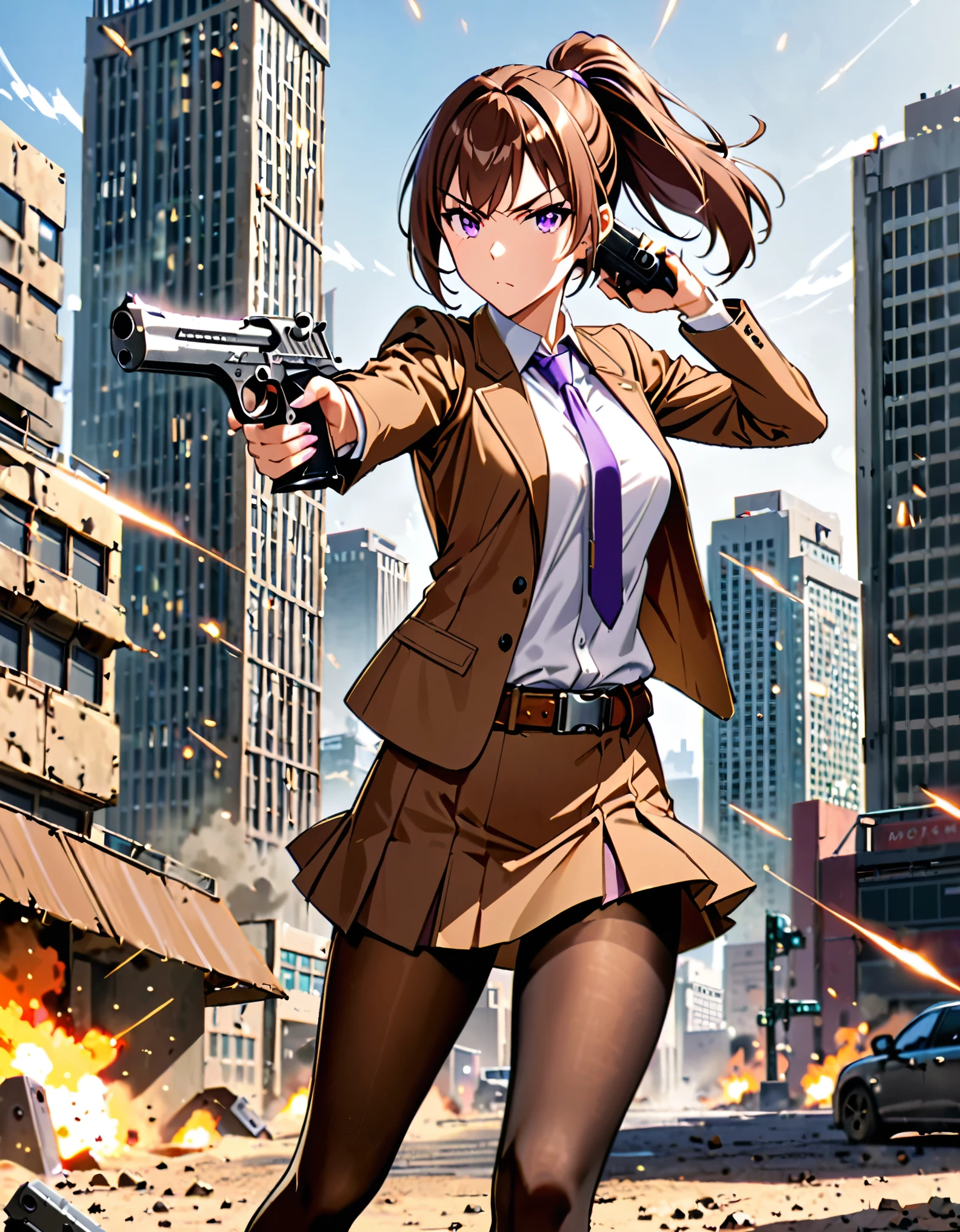 masterpiece, best quality, highres, 1girl, aiming and firing pistol, brown_hair, short hair, ponytail, finger_on_trigger, gun, large-caliber handgun, desert eagle, holding, holding_gun, holding_weapon, holster, open suit jacket, white shirt, miniskirt, (pantyhose), pencil_skirt, skirt, solo, trigger_discipline, weapon, purple eyes, dynamic action stance, grim expression, city backdrop, boots, full body character design, brown suit and tie, necktie, belt, cowboy shot