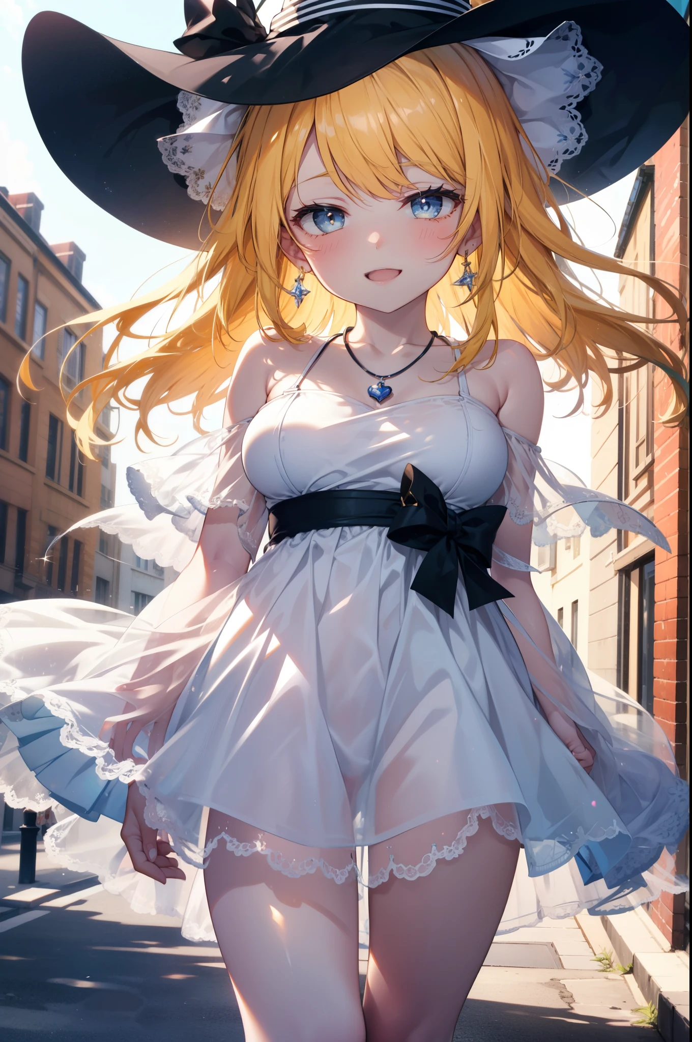 Eliase, catalyst, Yellow Hair, blue eyes,Long Hair,White hat,, Big Breasts,Bare shoulders,Bare arms,bare clavicle,Bare neck,Locket Necklace,happy smile, smile, Open your mouth,Off-the-shoulder sleeveless dress,Long skirt,Heeled Sandals,True Summer,Daytime,Clear skies,
break looking at viewer,
break outdoors, In town,Building district,
break (masterpiece:1.2), highest quality, High resolution, unity 8k wallpaper, (figure:0.8), (Beautiful fine details:1.6), Highly detailed face, Perfect lighting, Highly detailed CG, (Perfect hands, Perfect Anatomy),