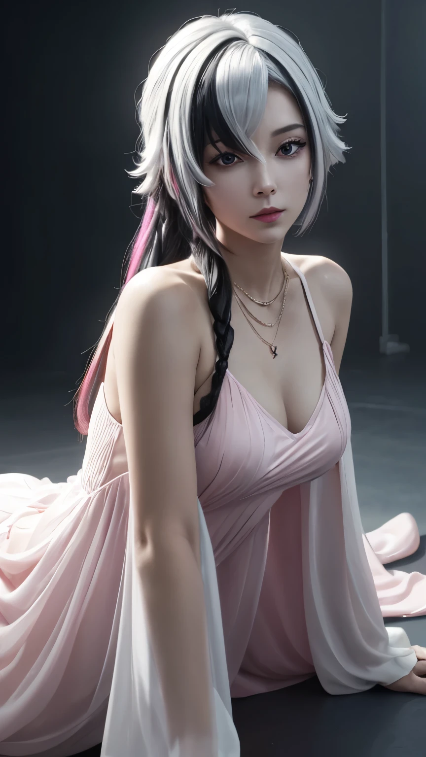 Best quality，masterpiece，high resolution，（Girls upper body）1 girl，Transparent pink dress，Get on all fours，Stick your butt out，（ girl：1.7）White hair，Black Hair，Colorful Hair，short hair，Straight Hair，Long braids，Glowing red eyes，Red X pupil，Huge ，Hair accessories，necklace，Jewelry，Beautiful face，physics，Tyndall Effect，Reality，Dark Studio，Edge lighting，Two-tone lighting，（High Detail Skin：1.2），8k uhd，DSLR，Soft Light，high quality，Volumetric Light，，photo，high resolution，4k，8k，Bokeh