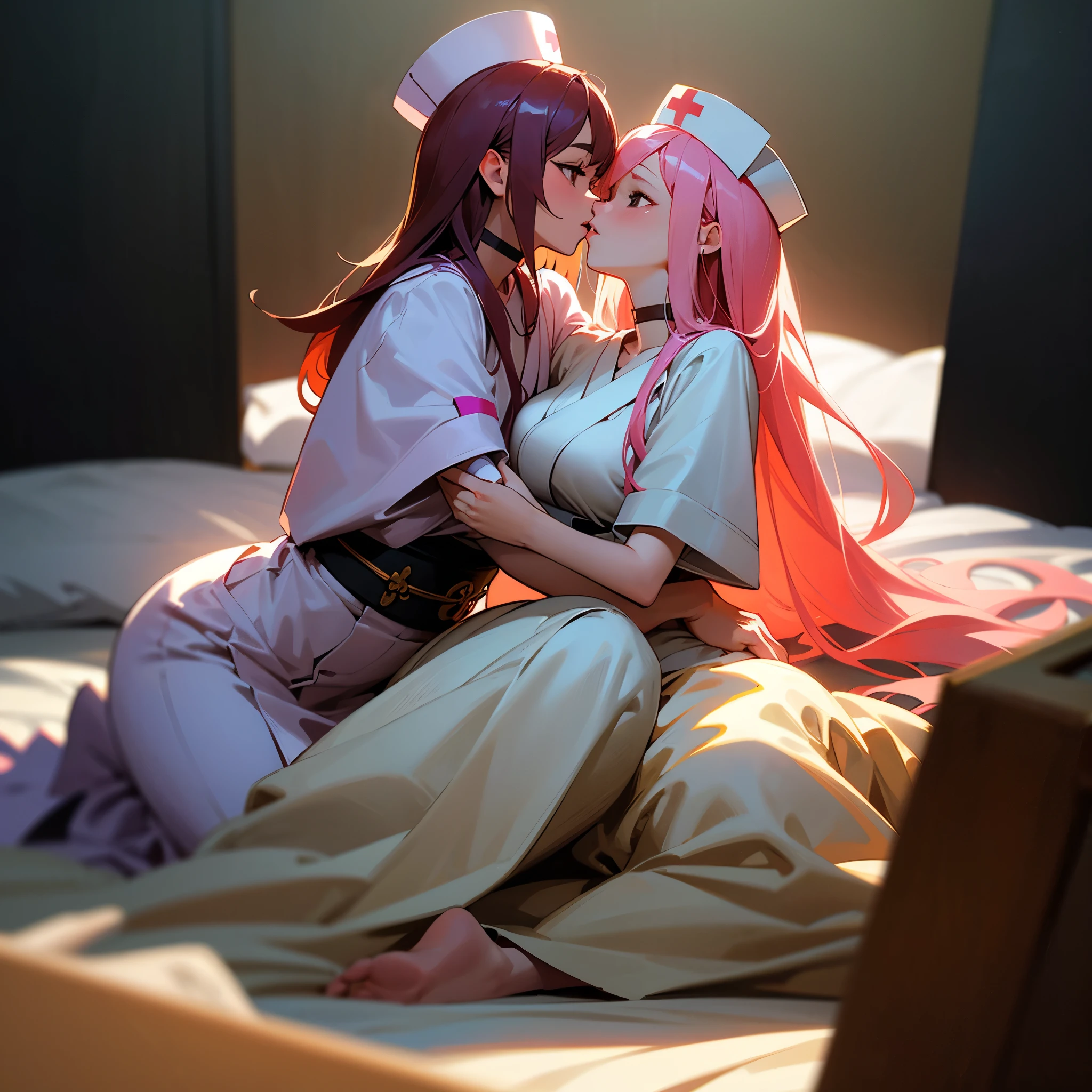 (yuri:1.2) (lesbian:1.2) (2girls:1.2) (imminent kiss:1.2) (hug:1.2) Japanimation, 35 mm, Incredibly hyper detailed and intricately realistic, full body character, Beautiful, Female, Perfect, Long Pink Hair, Black eyes, white Nurse's outfit , White nurse's cap, Detailed face, White skin, Hospital background, Cover art, zoom out, choker, hyper detailed painting, luminism, Bar lighting, with an intricate, 4k resolution concept art portrait, extremely high level illustration, 16k, extremely high level illustration, absurd resolution, absurd detailed, soft and warm lighting, (((masterpiece))), best quality, extremely detailed, Japanese scene, Japanese composition, fantasy lighting, beautiful detailed glow, perspective, depth of field, proportion, blurry background, bokeh, sharp focus, depth and dimension, bed