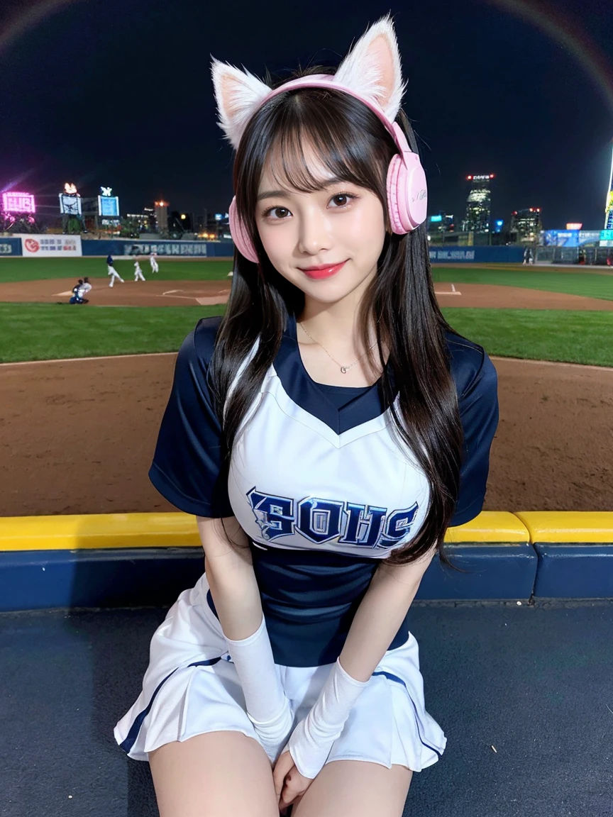 Full body photo、whole、最high quality, masterpiece, 32k、Very detailed、Realistic、1 girl, Japanese women、Cute face, (photo Actual:1.3), Edge lighting, (Skin with attention to detail:1.2), 8k超High resolution, Single-lens reflex camera, high quality, High resolution, 4K, 8k, Optimal ratio of four fingers to one thumb, (Actual:1.3), smile、自然なsmile、Baseball Cheerleader Costumes(black、Light blue line design、Japanese professional baseball cheerleaders、fighters logo、Fighters Cheerleader Costume)、Cat ear headphones(ピンク色のネオンCat ear headphones)、cute 1 girl, Realistic、Super Realistic、32k、Very detailed、masterpiece, 最high quality, beautiful girl, beauty、 Mecha, Beautiful lighting, Sitting,Cyber Neon、Future City、Skyscraper、City Night、Shanghai、Big cities、Night view、綺麗なNight view