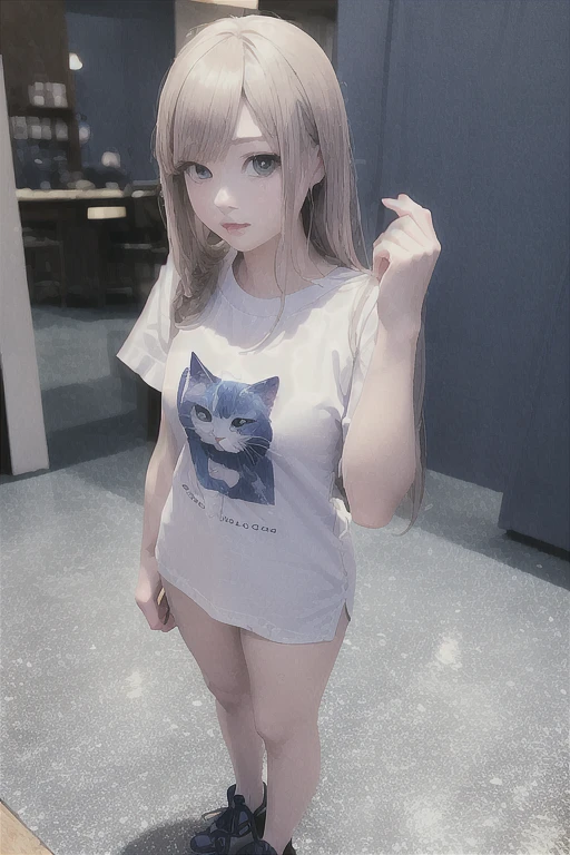 hyper Realistic Anime, Real life anime girls, Realistic Anime, a Surreal , Realistic - Anime, Realistic Anime 3 d style, photoRealistic Anime, Surreal , Realistic young anime girl,Standing posture,Navy blue and white cat long T-shirt,