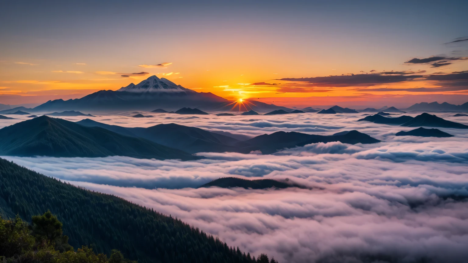 Sunset，Mountain，Clouds and mist。