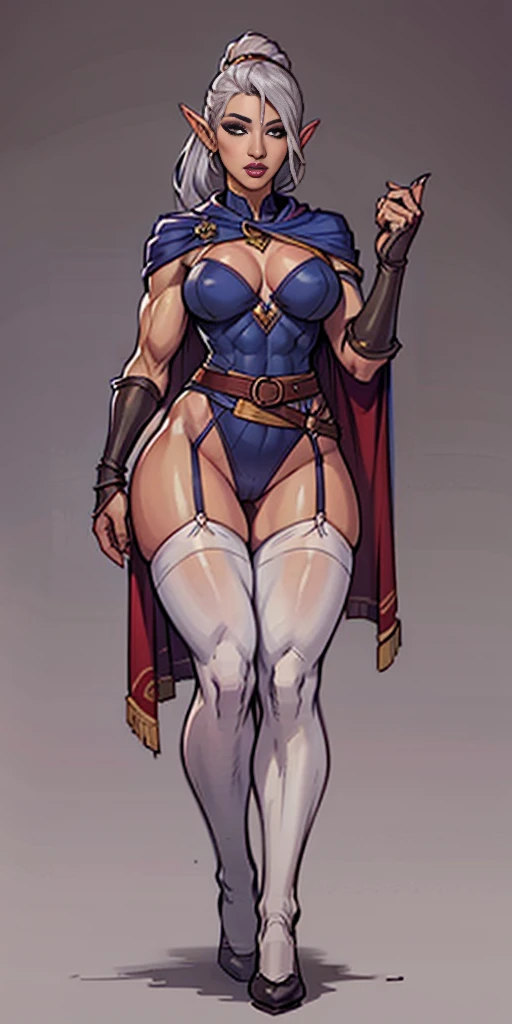 (masterpiece, best quality, plain background:1.2) full body standing height straight symmetrical looking to the viewer, view from below, cowboy shot, extremely long hair, ponytail, perfect anatomy 1girl tall solo, slim thick, ((muscular)) high elf toned body, silver breast plate, blue cape, slender abs, hourglass waist, detailed face, defined cheekbones, puffy lips, gauntlets, gold crown, shadow over eyes, white thigh highs lingerie