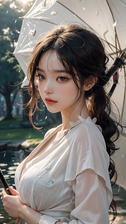 this high-definition masterpiece, a woman is captured in the midst of a tranquil moment in the park. With expressive eyes that mirror a myriad of emotions, a perfect face shaped by delicate features and rosy cheeks, she gracefully handles an umbrella as raindrops bead on her wet clothes. The sun begins to set, casting a warm glow on her figure, and the scene unfolds as a magnificent work of art in 16K resolution. Every detail is rendered with precision, from each strand of hair on her head to every crease and fold of her umbrella. Her skin is as smooth as silk, a testament to the best quality of this masterpiece.