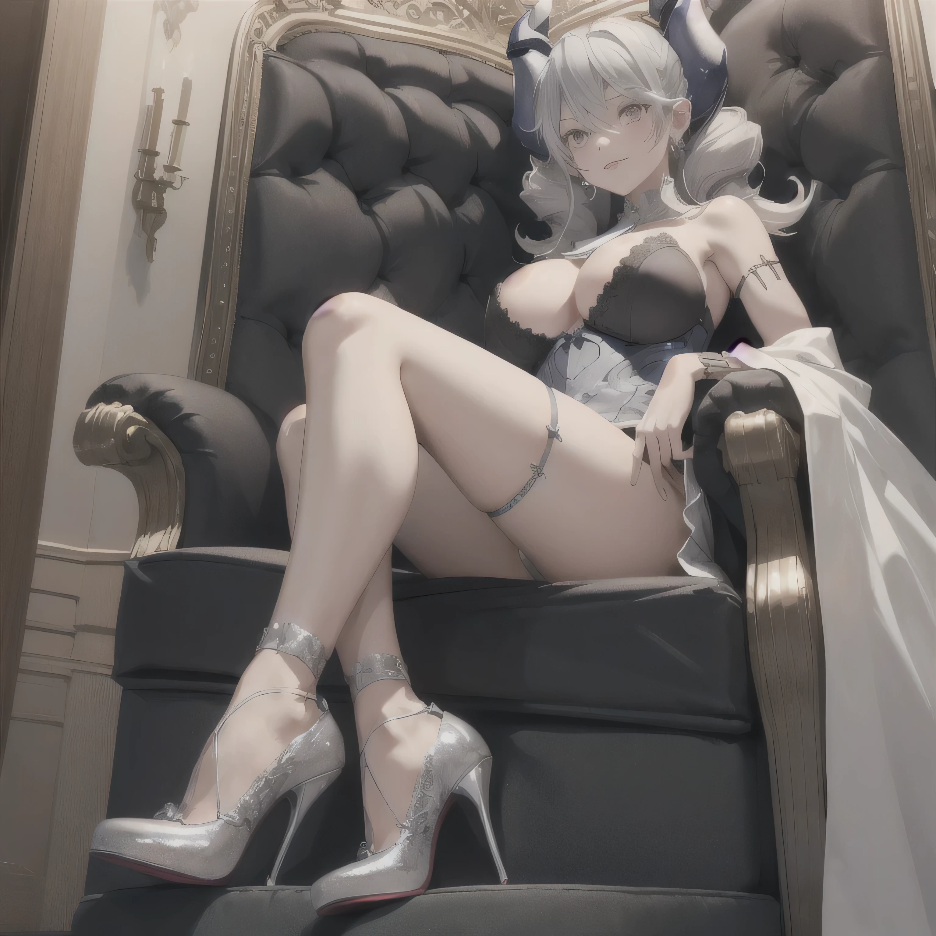 ((masterpiece)),(best quality), ((extremely detailed CG unity 4k wallpaper)),(cinematic lighting), (an extremely delicate and beautiful girl:1.3),face, fixed eye, 1 girl, labrynth, , long hair,large breast,silver hair , pink eyes, horn, hand on armchair, leg fixed , black underwear, high heels, expensive high heel ,sitting on throne, from below, sinister, legs crossed in detailed, silver high heel