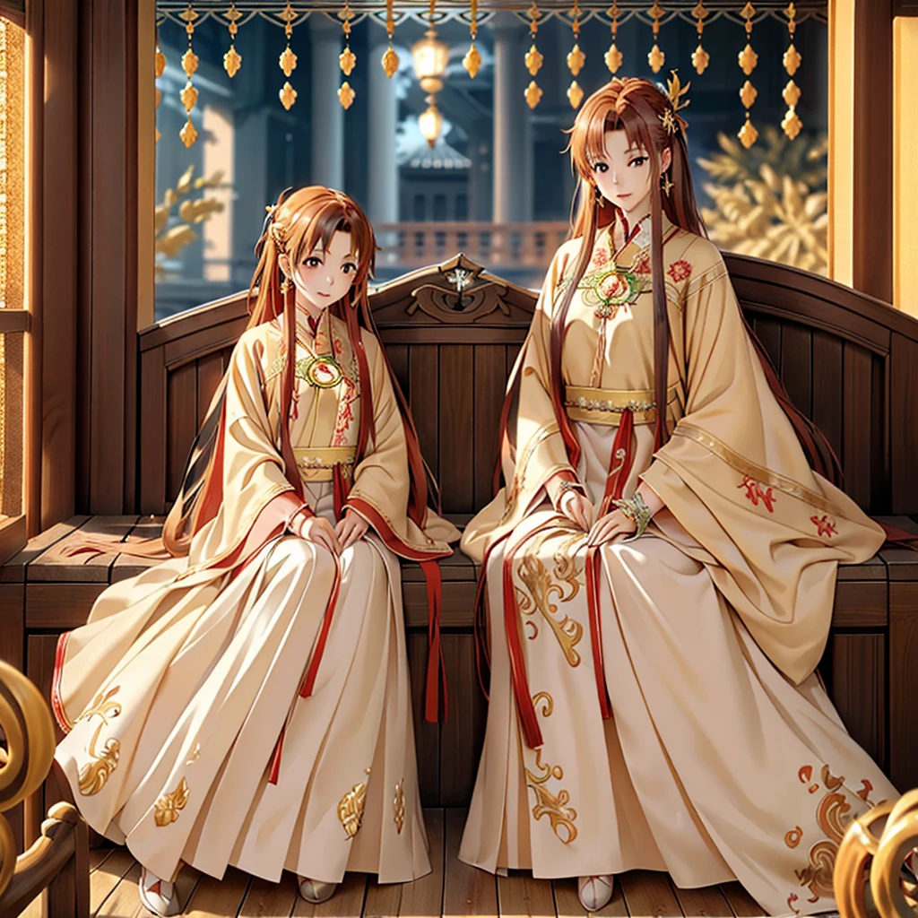 ((highest quality)), ((masterpiece)), (detailed), Perfect Face、Yuuki Asuna、Brown Hair、Hanfu、((5 year old son))、（Mother and child）、Gorgeous embroidery、(A man and a woman sit side by side on a large, luxurious throne in a palace)、Gorgeous Phoenix Crown、The woman is wearing a gorgeous court costume.、Woman has a happy face、Gorgeous hair ornament、Earrings、necklace、Bracelet、Luxury accessories、Family photo、His son is the prince