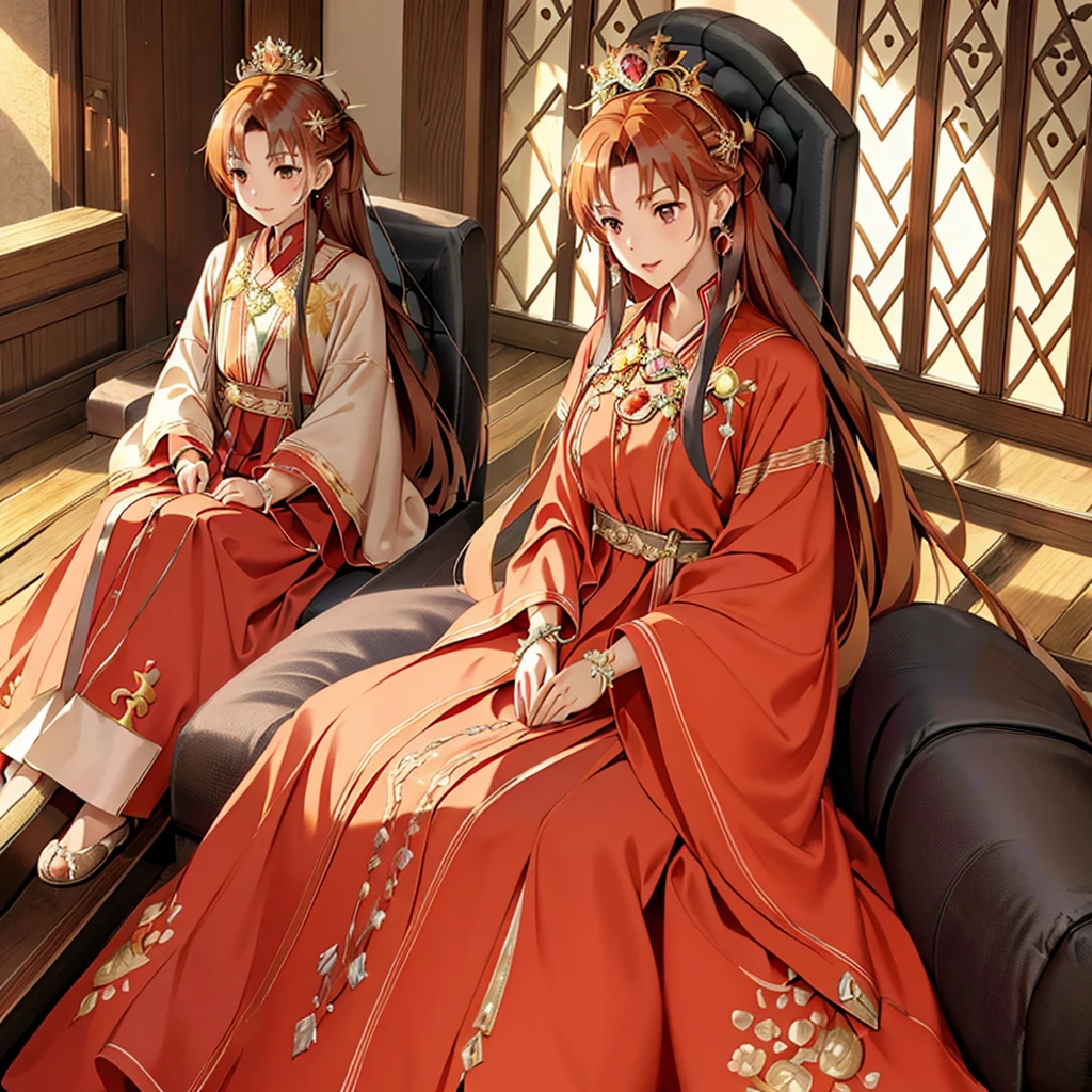 ((highest quality)), ((masterpiece)), (detailed), Perfect Face、Yuuki Asuna、Brown Hair、Hanfu、((5 year old son))、（Mother and child）、Gorgeous embroidery、(A man and a woman sit side by side on a large, luxurious throne in a palace)、Gorgeous Phoenix Crown、The woman is wearing a gorgeous court costume.、Woman has a happy face、Gorgeous hair ornament、Earrings、necklace、Bracelet、Luxury accessories、Family photo、His son is the prince