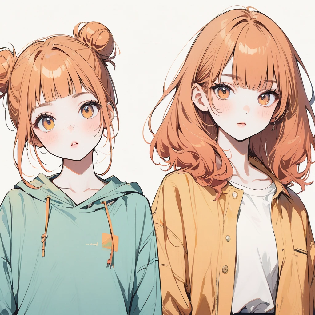 Girl, slim, pale skin, light hazel eyes, freckles, pastel orange hair, ginger, straight bangs, low buns, beautiful, tiny buns, thick bangs