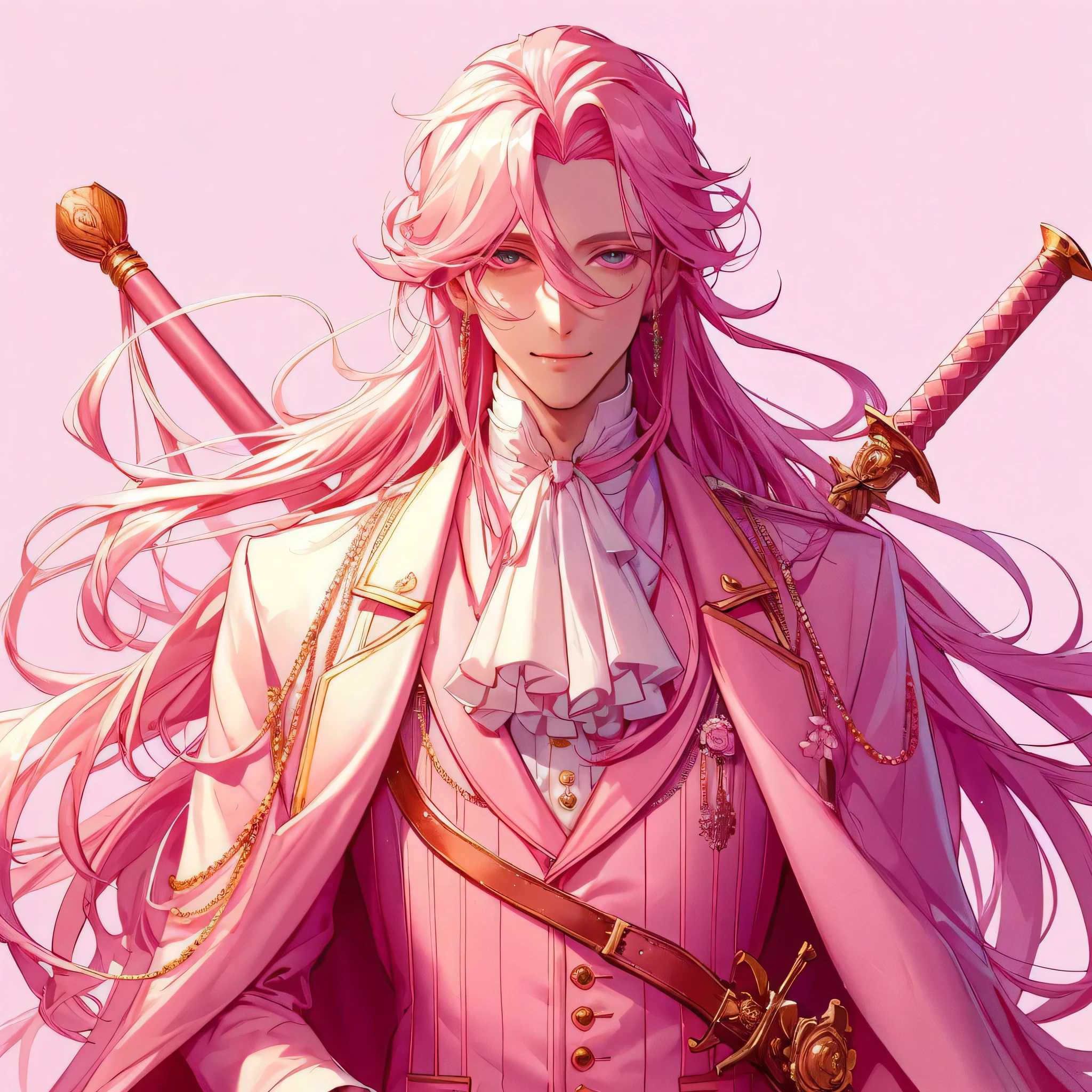 Adult Man, ((Pale long Pink Hair)), R oyal, royal suit, (Floral Eyes)), Soft s mile, Rose Gold, Flower Themed, (h ighly detailed)), facing the viewer, (( prefect full body))