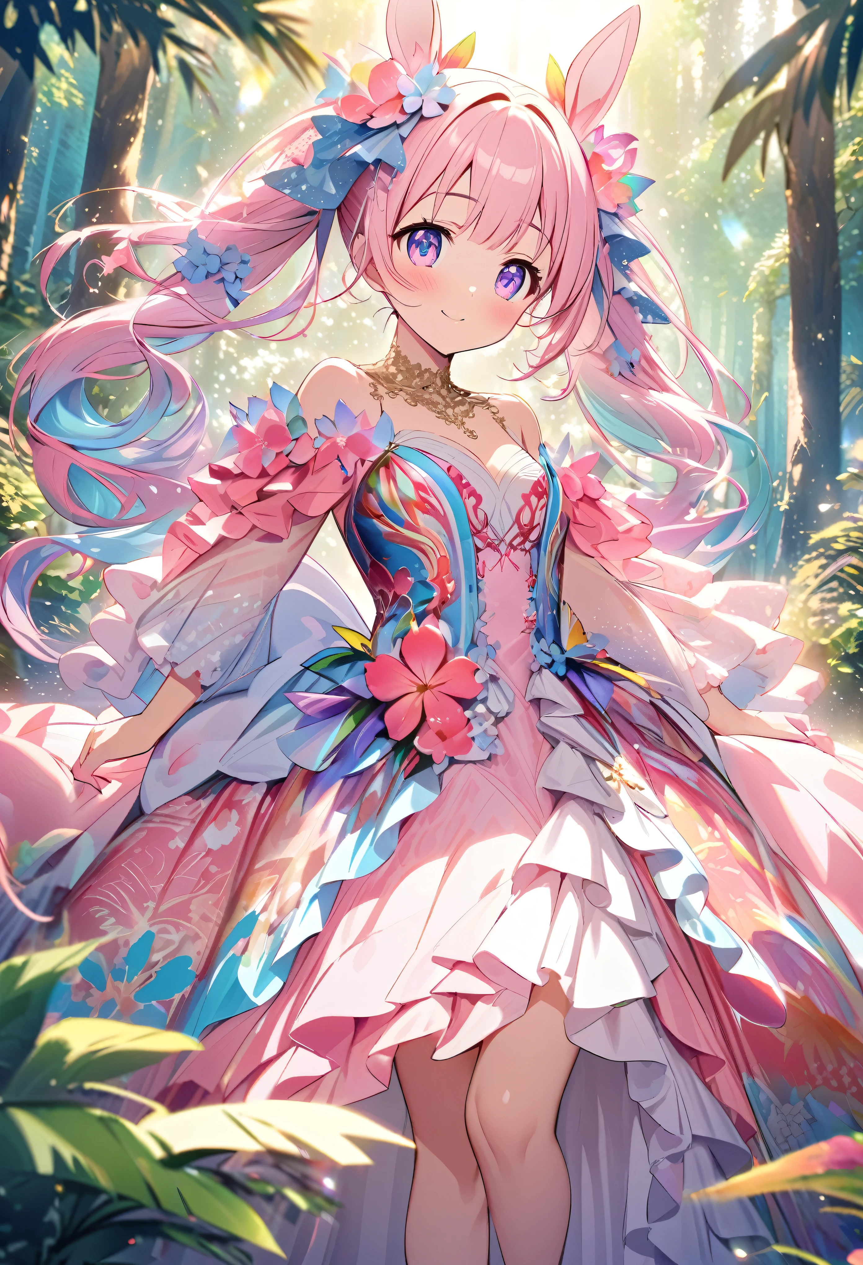 ``Japanese anime character, cute rabbit in pink color, beautiful adorable rabbit wearing an elegant and elaborate Hawaiian dress, the dress must have intricate designs and patterns to give it a luxurious and exclusive look. In the background, the image should depict the richness of the forest, with sunlight reflecting off the trees and illuminated mountains beyond. , emphasize the shimmering effect and rainbow throughout the image. Enhance your look and add special ruffles to your dress to stand out.”