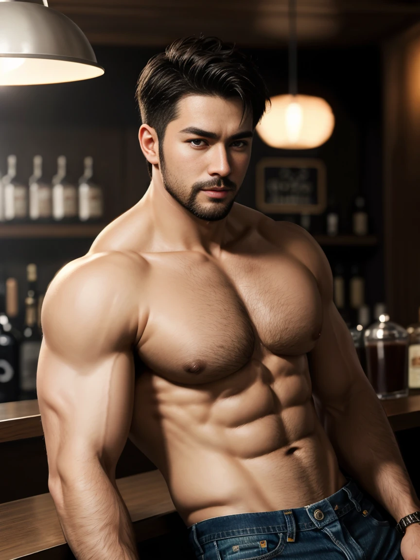 Ultra wide angle，masterpiece, best quality, high resolution, Close-up portrait, male focus, Focus only, muscular, Burly, hairy, male, A handsome man,???? and charming expression， Perfect face, Blushing, scruffy beard, short hair, Exposed ?????,Swelling of ????? muscles， jeans, at the bar, Neon, Front view, whole body, amazing composition, Front view, HDR, Volumetric Lighting, Ultra-high quality, elegant, Very detailed
