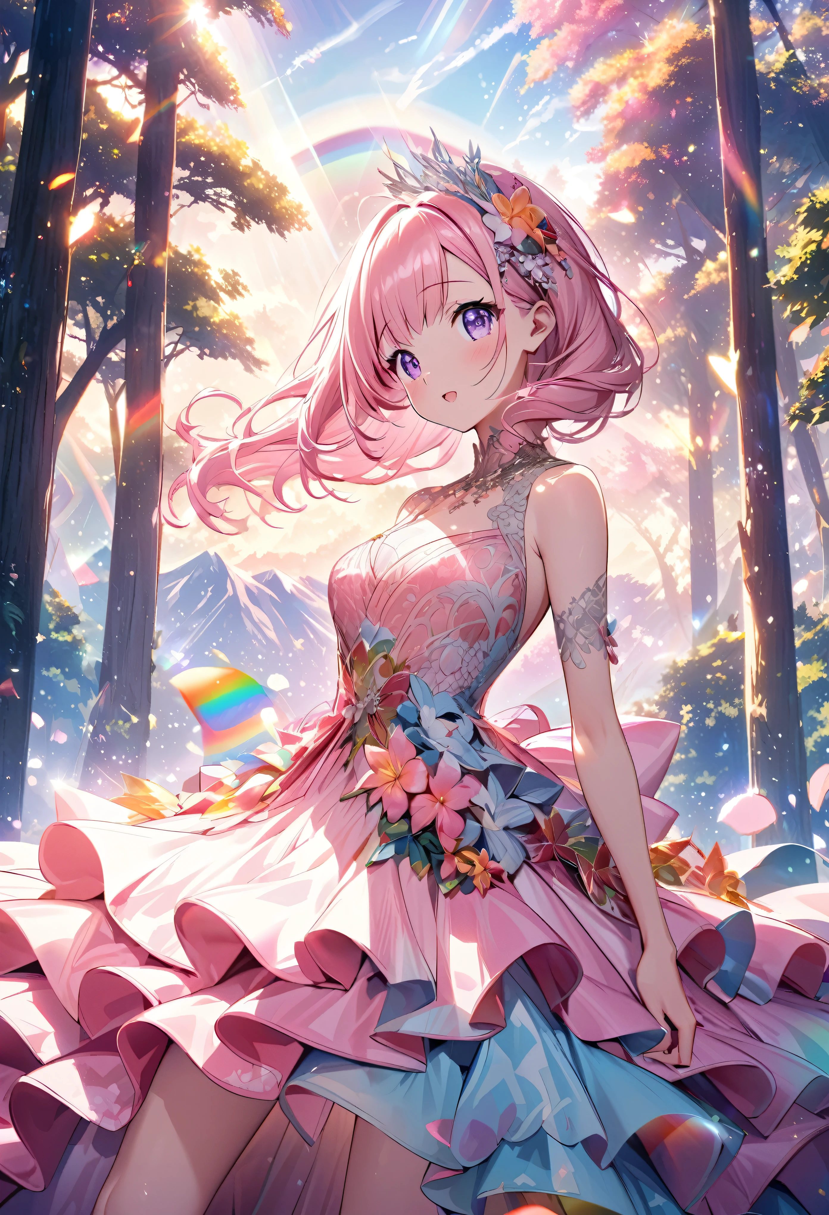 ``Japanese anime character, cute rabbit in pink color, beautiful adorable rabbit wearing an elegant and elaborate Hawaiian dress, the dress must have intricate designs and patterns to give it a luxurious and exclusive look. In the background, the image should depict the richness of the forest, with sunlight reflecting off the trees and illuminated mountains beyond. , emphasize the shimmering effect and rainbow throughout the image. Enhance your look and add special ruffles to your dress to stand out.”